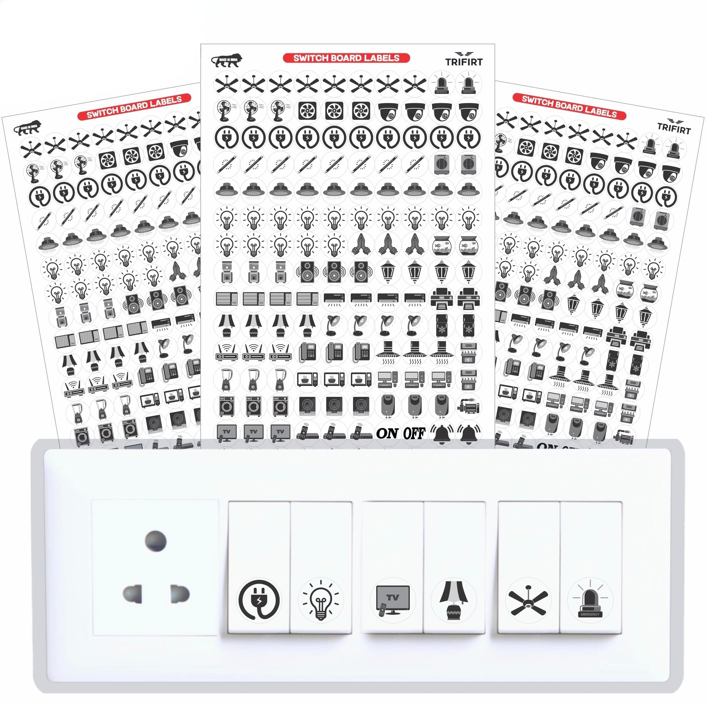 TRIFIRT Switch Board Stickers for Home and Office - 41 Icons 450 Pcs Self Adhesive, Modern Electric White Switch Board Covers, Transparent Stickers for Switches, Lightbulb, Fan, AC, Stickers 1.5 cm