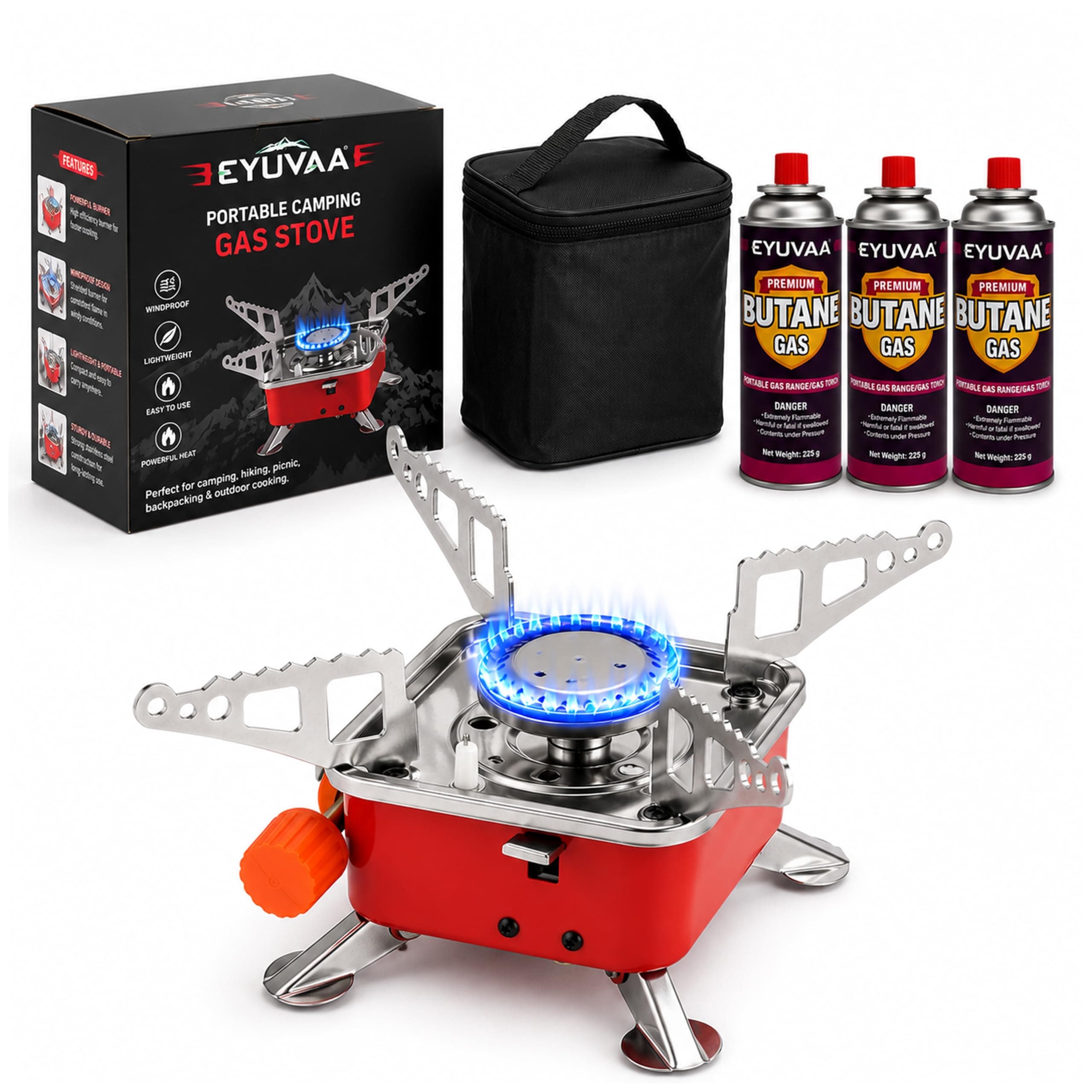 EYUVAA LABEL Alloy Steel Portable Gas Stove for Travel with Butane Gas Cylinder, Folding Furnace Outdoor Camping Stove, Lightweight Gas Burner for Hiking and Emergency Use (Stove +3_Butane_Refill)