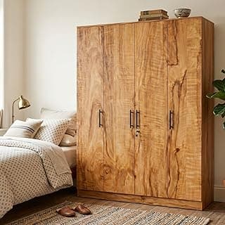 FFO Kavisto 4 Door Wooden Wardrobe for Bedroom, Large Clothes Storage Cabinet with Hanging Space, Shelves, Drawer & Lock, Modern Wood Finish Almirah for Home, Bedroom & Living Room DIY.
