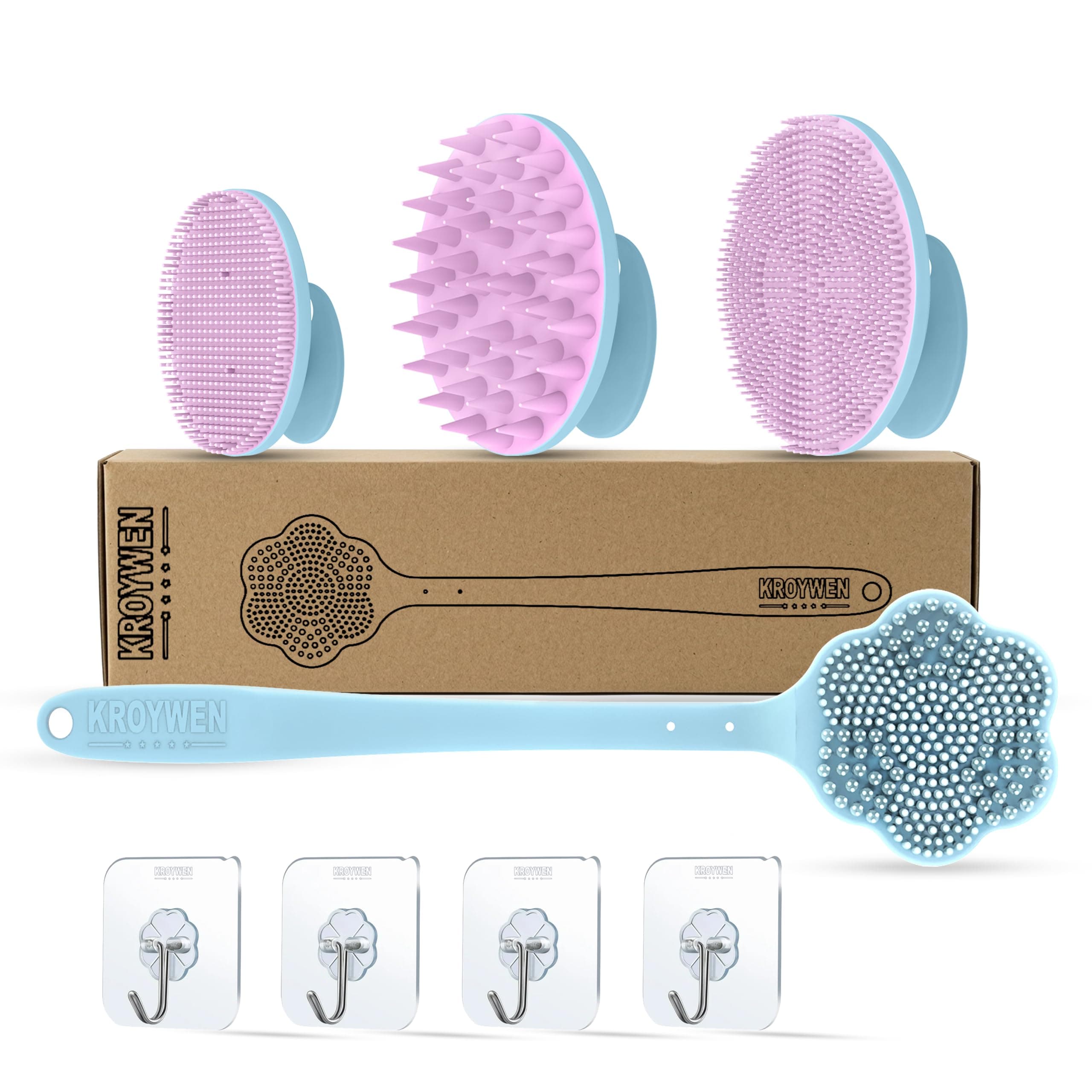 Ultra Soft Primum Body Back Exfoliation Combo Kit, Primum Back Brush, Soft Face Brush, Primum Body Brush And Royal Scalp Massager For Hair, Strong Adhesive Hook-4pic |BPA-Free| for Men and Women.