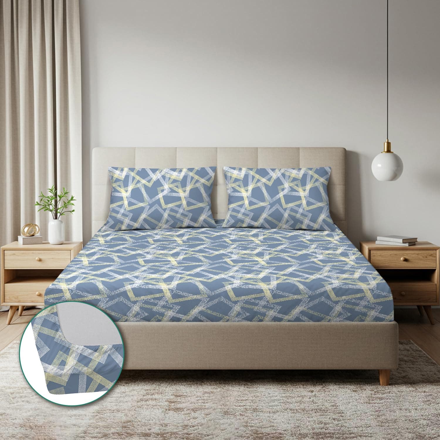 Amazon Brand - Solimo Fitted Bedsheet 144 TC 100% Cotton Queen Size Fitted Bedsheet with 2 Pillow Covers, Meraki | 72L x 60W inch | Pillow 17L x 27W inch