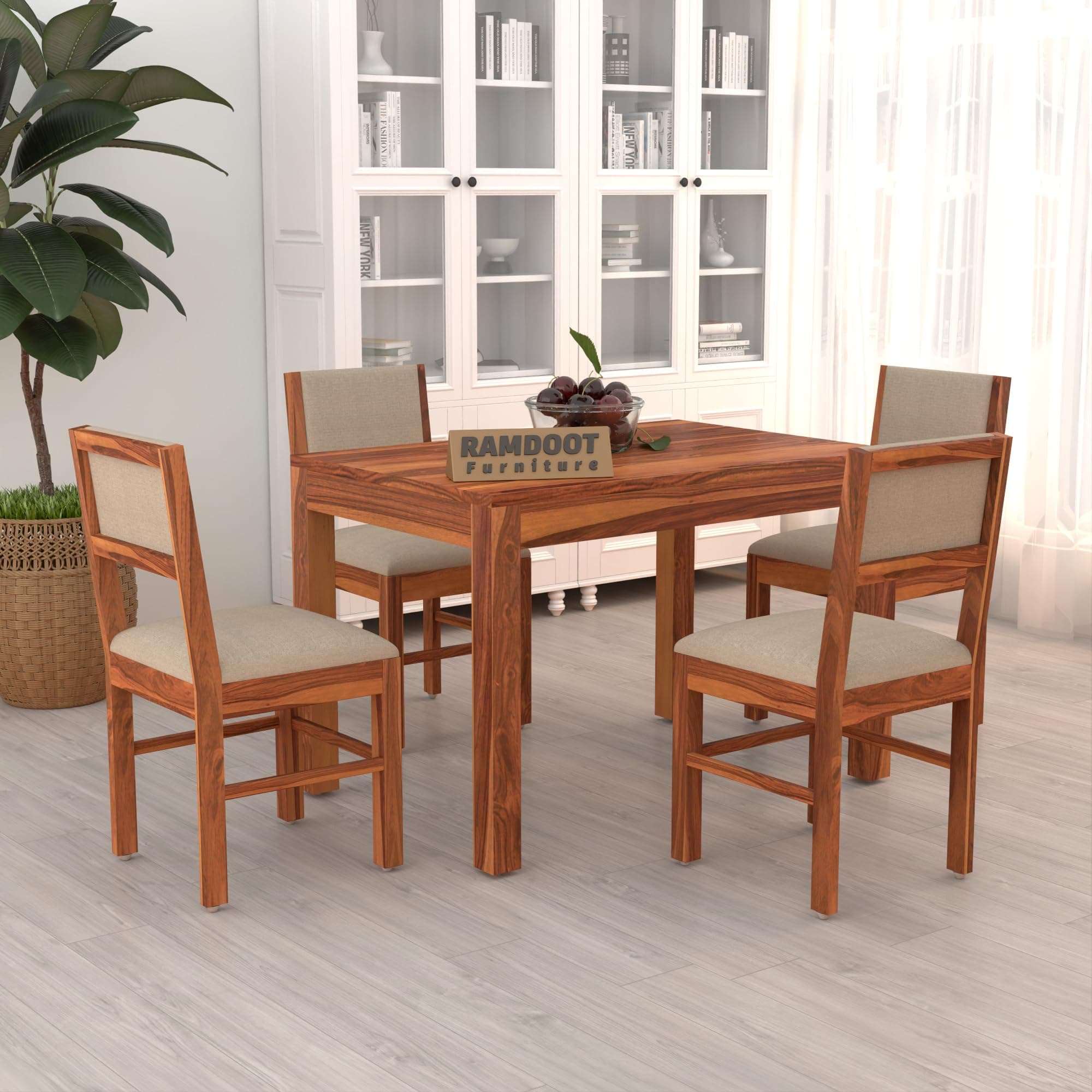 45 Inch Length Solid Sheesham Wood 4 Seater Dining Table Set | Four Seater Dinner Table with 4 Cushions Chairs | Dinning Table Set 4 Seater for Living Room | Wooden Table & Chair Set | Honey Finish