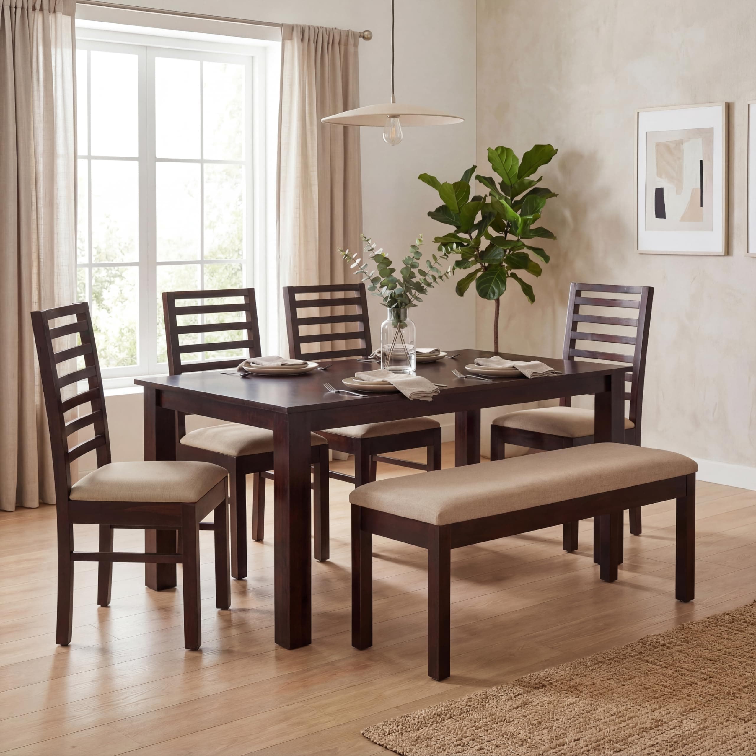 Title:-SONA Art & Crafts Luxe Solid Sheesham Wood Dining Table 6 Seater Dining Table Set with 4 Cushion Chairs with 1 Bench Dinner Table Set for Dining & Living Room Furniture (Natural Walnut Finish)