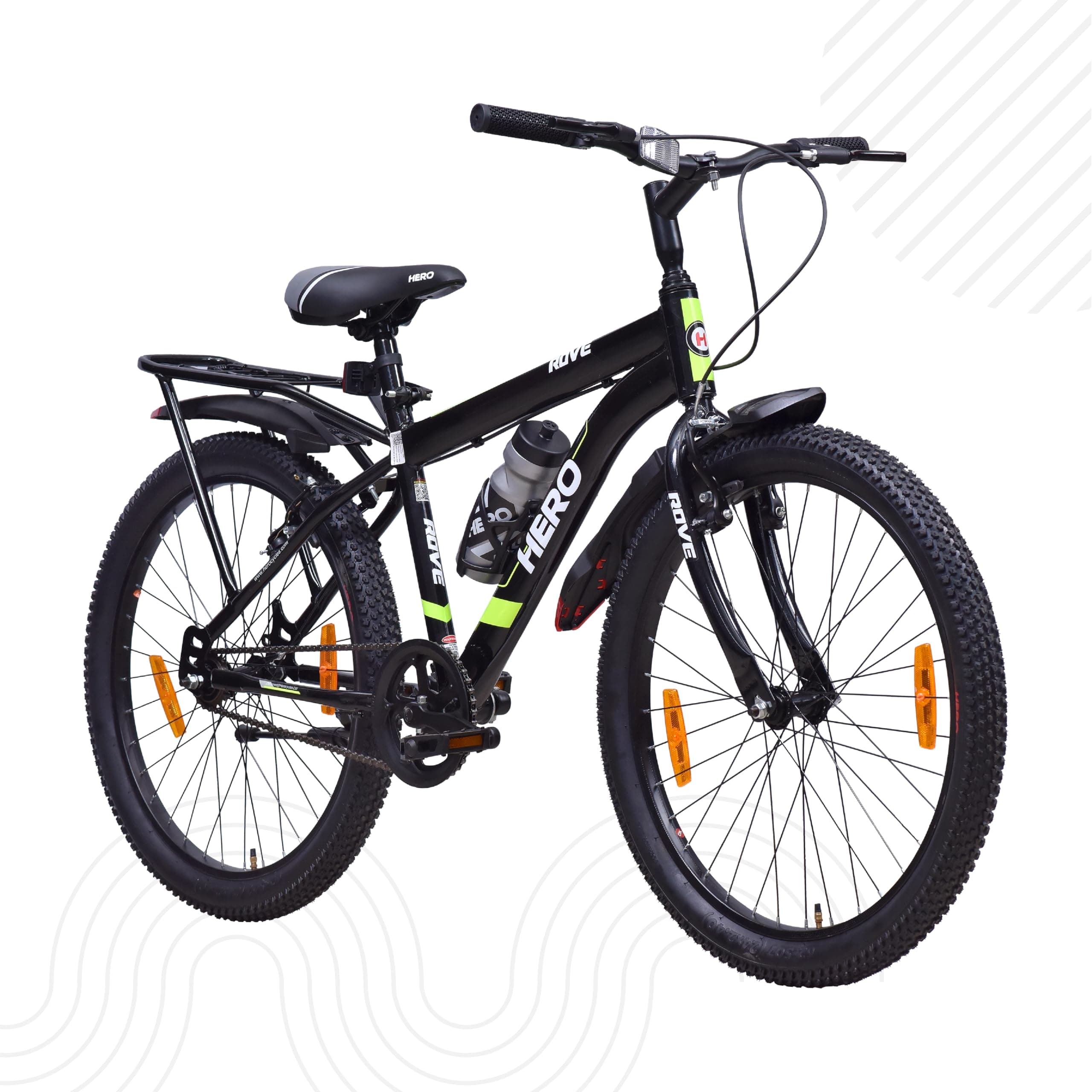 Hero Rove IC 24T Single Speed Mountain Bicycle for Mens with Inbuilt Carrier | Black-Green | Rigid | V Brake | Steel Frame : 15.5Inches | Rider Height : 4ft 4" - 5ft 1" | 95% Pre-Assembled Bicycle