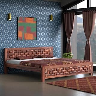 Solid Sheesham Wood King Size Bed Without Storage | Wooden Double Bed Cot Bed for Bedroom Furniture | Palang Double Bed for Hotels | Niwar Patti Design, Honey