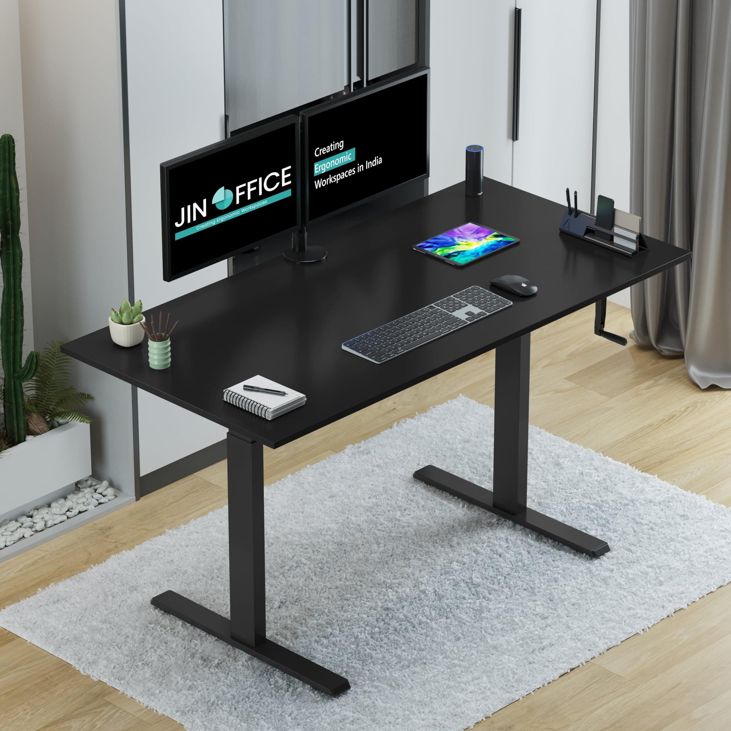 Jin Office Vertex Manual Height Adjustable Standing Desk| Adjustable Table with Hand Crank| Sit Stand Ergonomic Desk for Home Office, 3 Year Warranty,80 Kg Wt.Cap| Black & Black|1500*750mm/ 25MM Thick