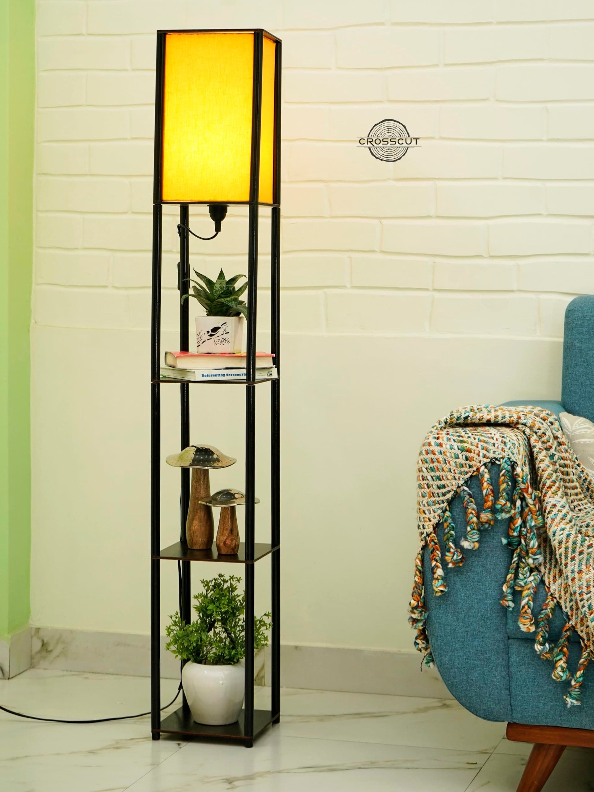 Crosscut Furniture Wood Tower Floor Lamp with Printed Shade (Fresh Yellow), Led