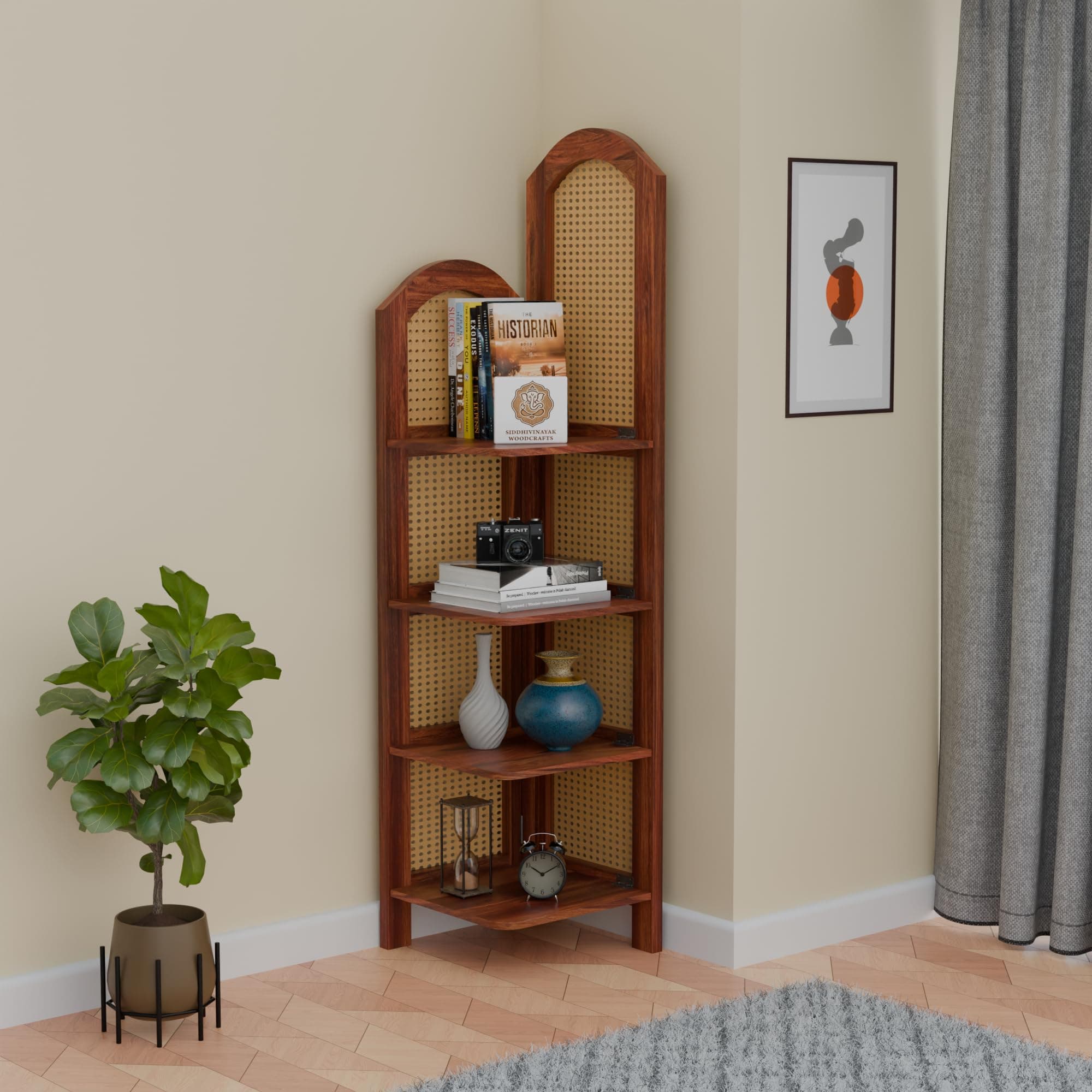 Solid Sheesham Wood Corner Shelf for Living Room | 4 Tier Wooden Corner Rack with Cane Design | Wooden Bookshelf for Home & Bedroom | Space Saving Storage Unit | Honey Finish | 66 x 16 Inch