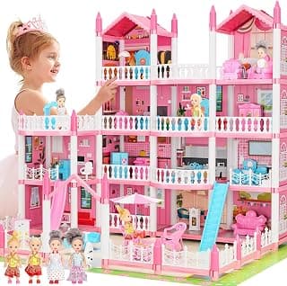 Pink Doll House for Girls, 4 Tier 15 Pieces Playhouse with 4 Dolls, Accessories and Flashing Lights, Princess Doll House, Gift for 3 4 5 6 7 and 8 Year Old Kids