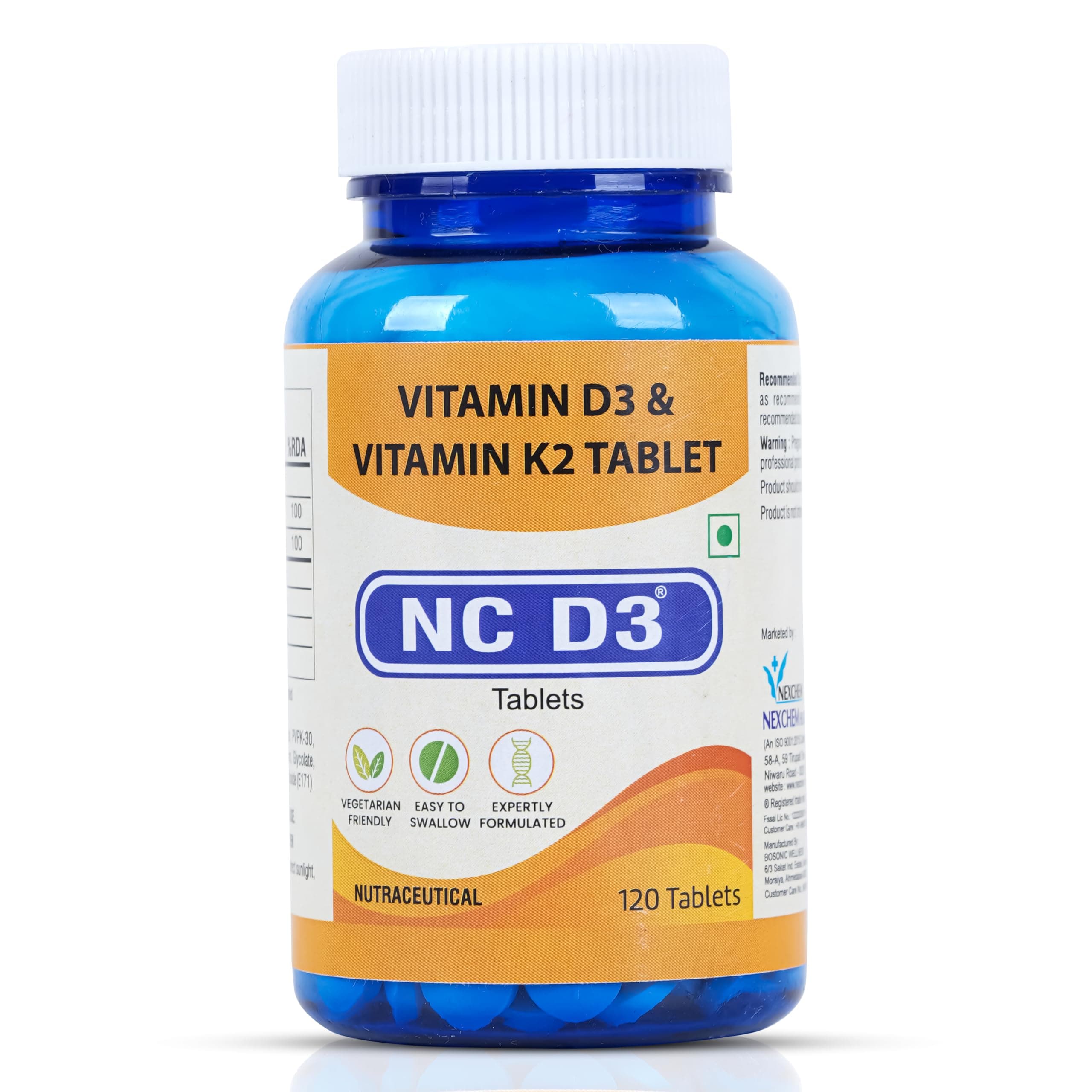 Nexchem NC D3 Vitamin D3 & Vitamin K2 As MK-7 Tablets | Support Bone Heart Health & Immunity | 100% Vegetarian | Easy to Swallow | Expertly Formulated || 120 Tablets