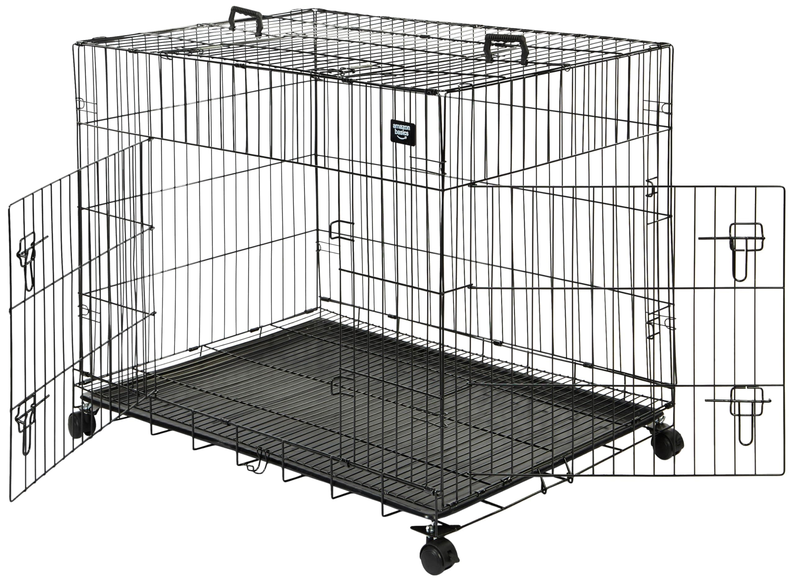 Amazon Basics Metal Pet Crate with Lockable Wheels | 42 Inch | Black | Heavy-Duty Foldable Cage with Secure Lock and Removable Tray, Large