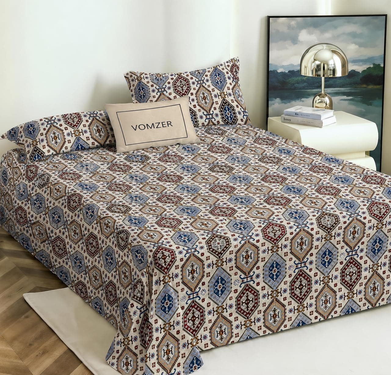 VOMZER Cotton King Size Flat Bedsheet for Double Bed, 1 Cotton Bed Sheet Double Bed (90x100 Inches) with 2 Pillow Cover, Desert Mosaic