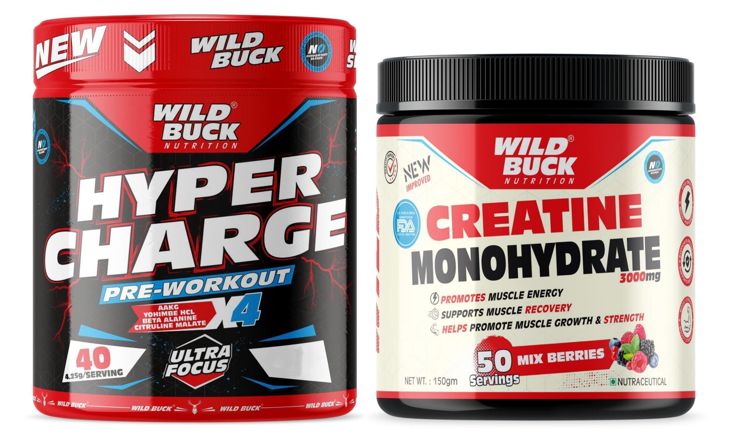 WILD BUCK Hyper Charge Pre-X4 Hardcore Pre-Workout Supplement Powder with Creatine Monohydrate, Arginine AAKG, Beta-Alanine, Caffeinated Punch-For Men & Women [40 Serving, Green Apple] + WILD BUCK Creatine Monohydrate Powder, Strength, Reduce Fatigue, 100% Pure Creatine, Lean Muscle Building, Supports Muscle Growth, Athletic Performance, Recovery [50 Servings, Mix Berries]
