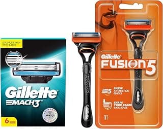 Gillette Mach 3 Shaving Blades- Pack of 6 (Cartridges) & Fusion Manual Razor, 1 Pc, For Men