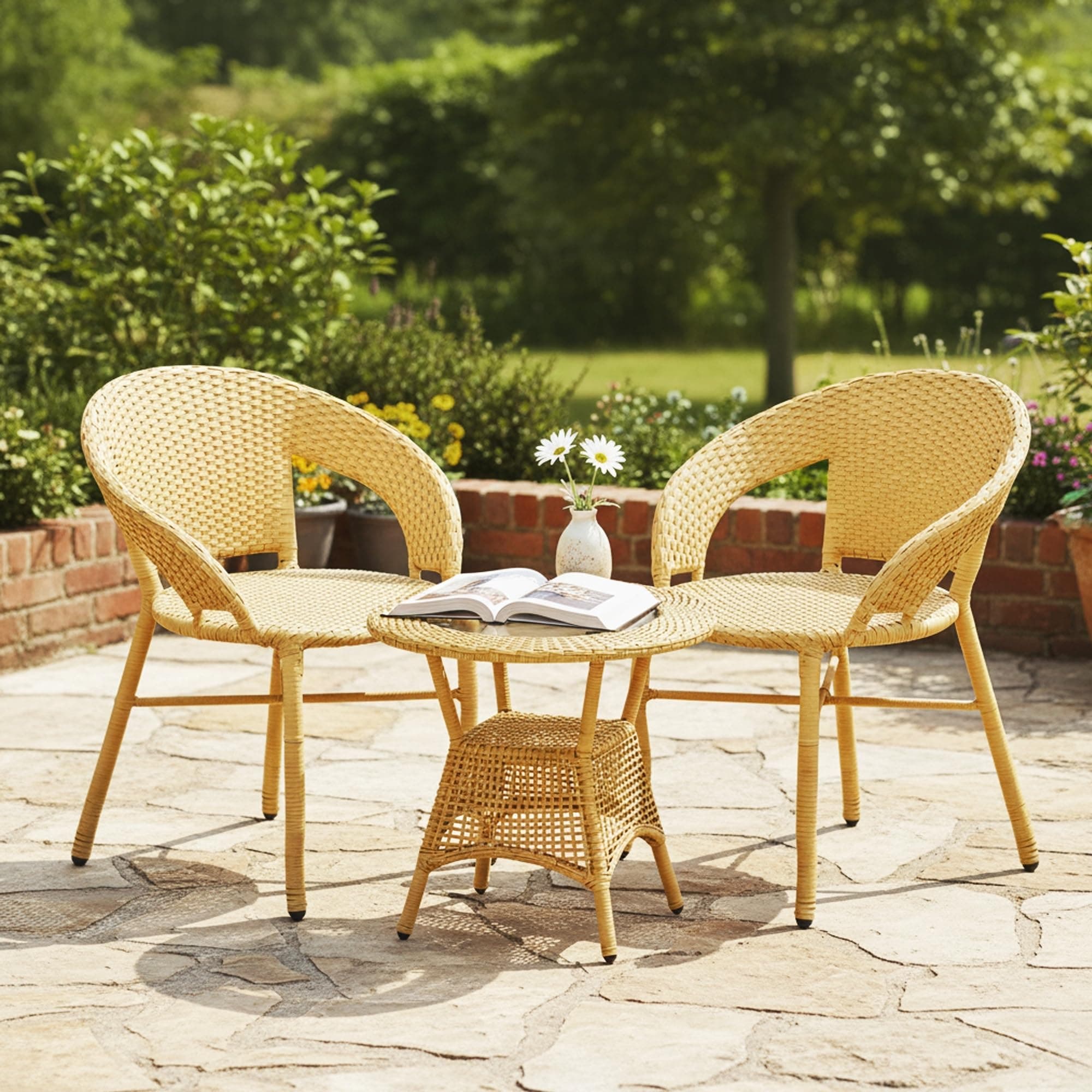 DEVOKO Aria Outdoor 3 Piece All Weather Wicker Patio Rattan Chair and Table Bistro Set with Powder Coated Iron Frame for Balcony, Garden, Poolside, Deck (Beige)