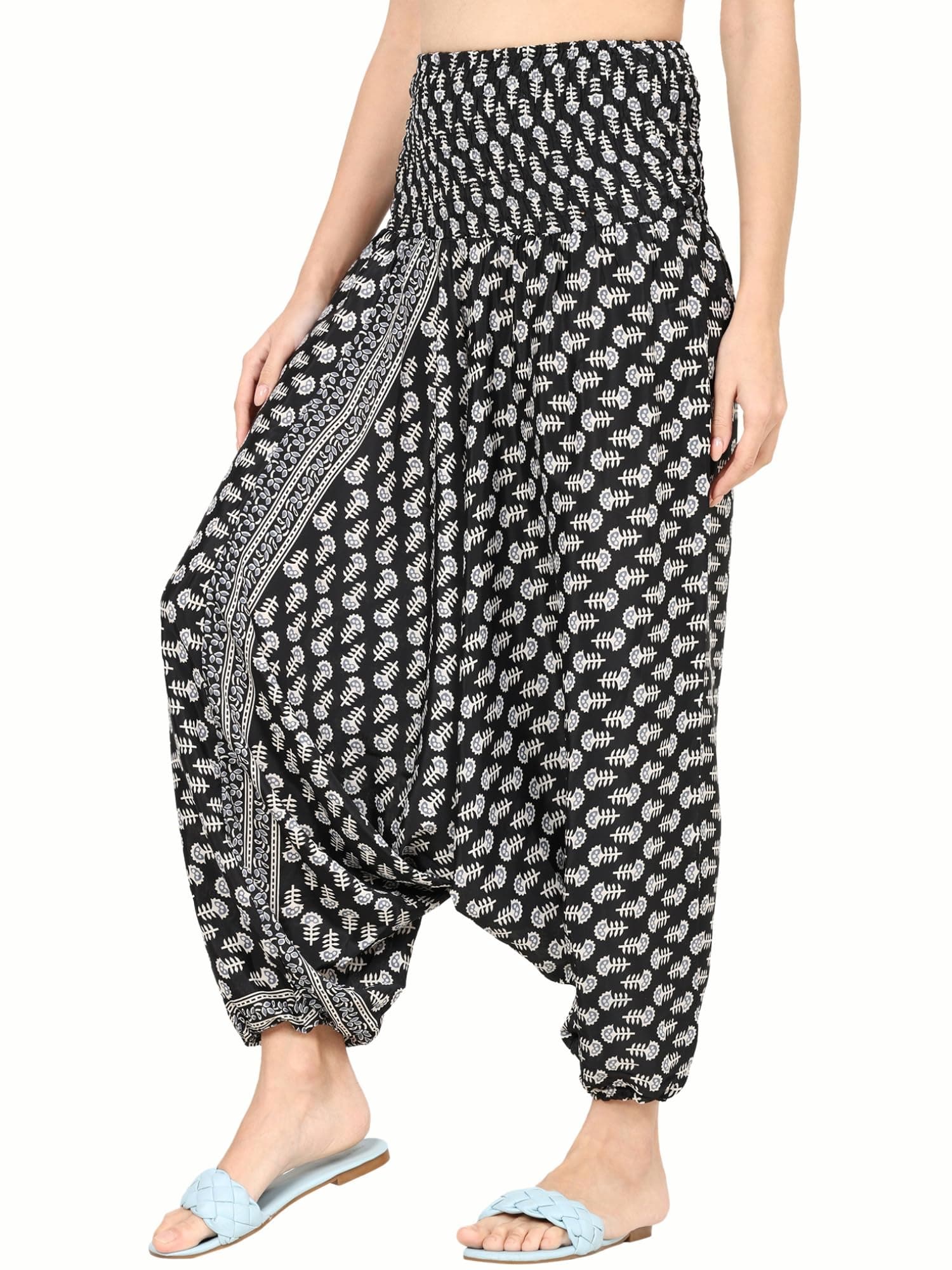 KE KANHA EXPORTS Women Harem Pants for Woman Boho Beach Multicolour Border Print Multiwear Jumpsuit Soft Silky Yoga Pants Loose Fit Dhoti Patiala Style Bottom Wear Waist 27-34" Fits S/M/L