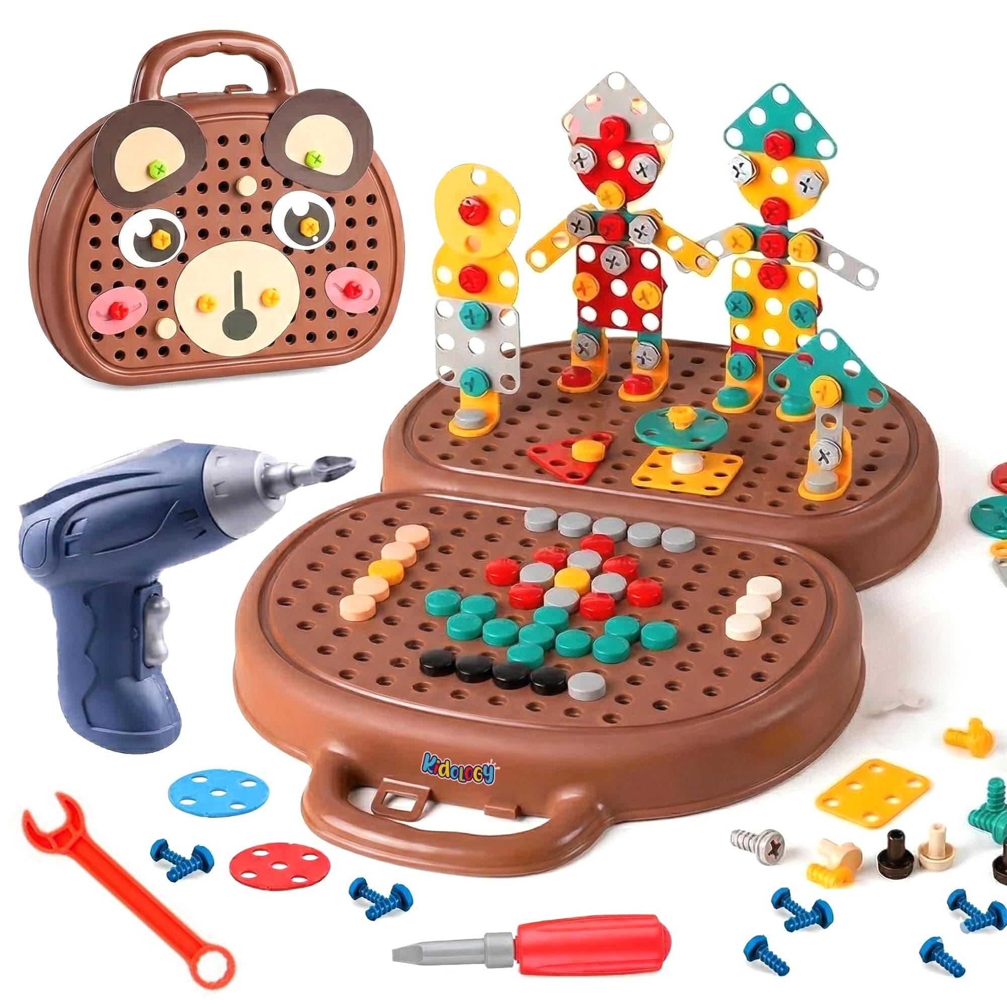 Kidology Electric Drill Screw Tool Set Creative Mosaic Puzzle Toy, 203 Pcs 3D Creativity Educational Kit Construction Toy for Kids, Birthday Gift for Girls & Boys, Multicolor