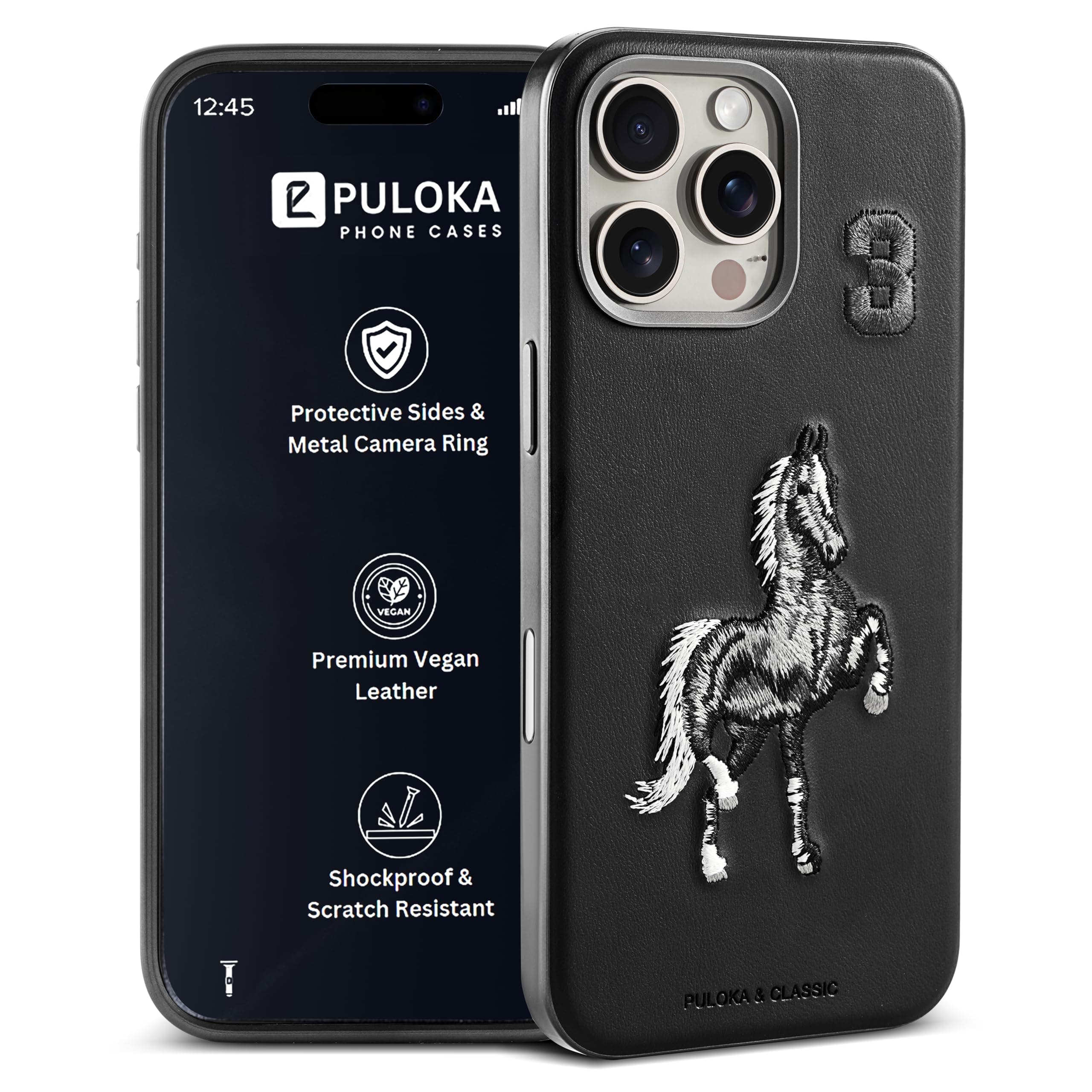 PULOKA - Mobile Cover Compatible for iPhone 16 Pro Max - Horse Embroidery - Sleek & Stylish - Protective & Anti Scratch Phone Cover Vegan Leather Back Case - Men & Women - Santa Barbara Polo (Black)