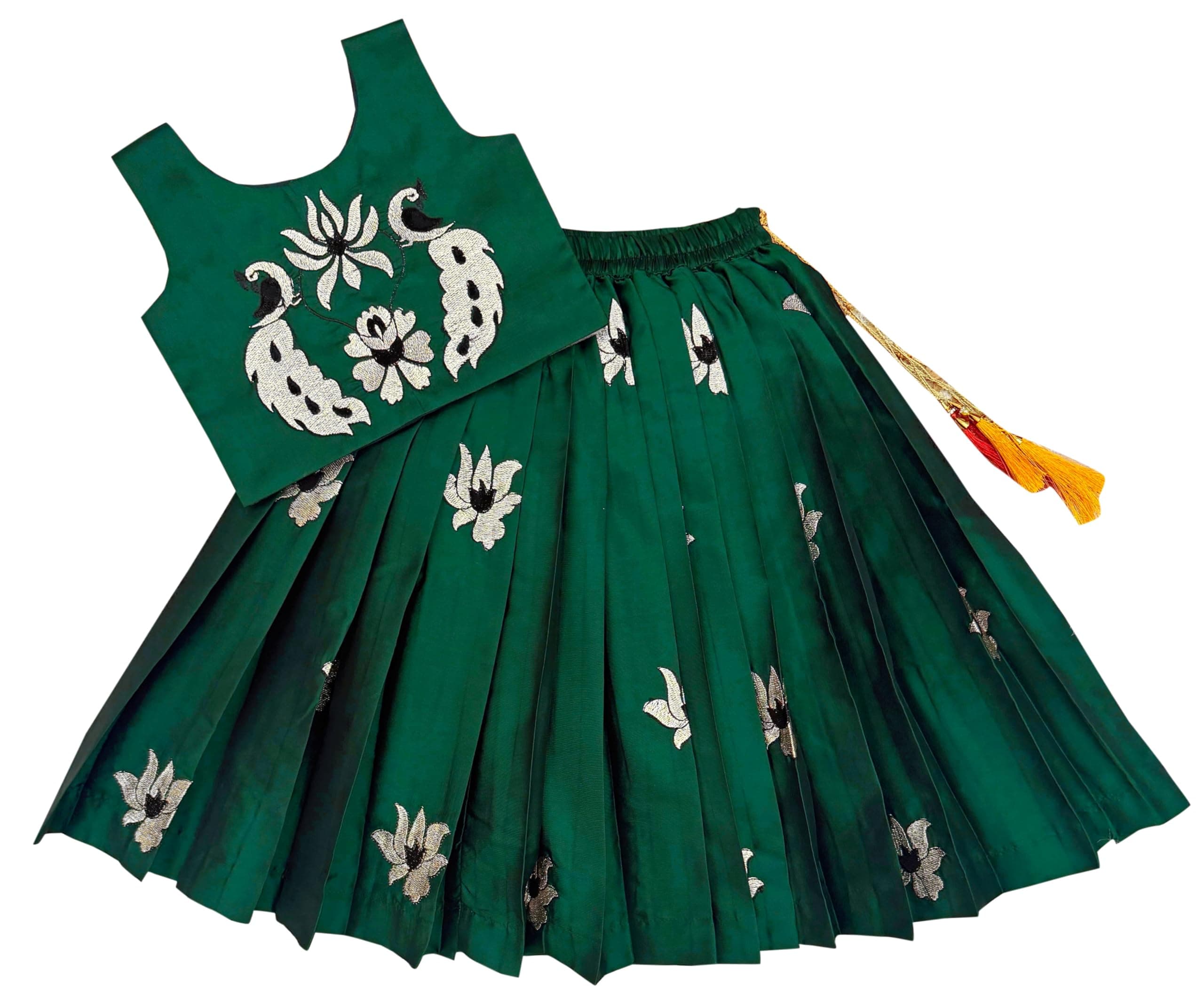 COMRATE Kids South Indian Embrodairy Traditional Pattu Pavadai Silk Blend Readymade Lehenga Choli Dress For Girls