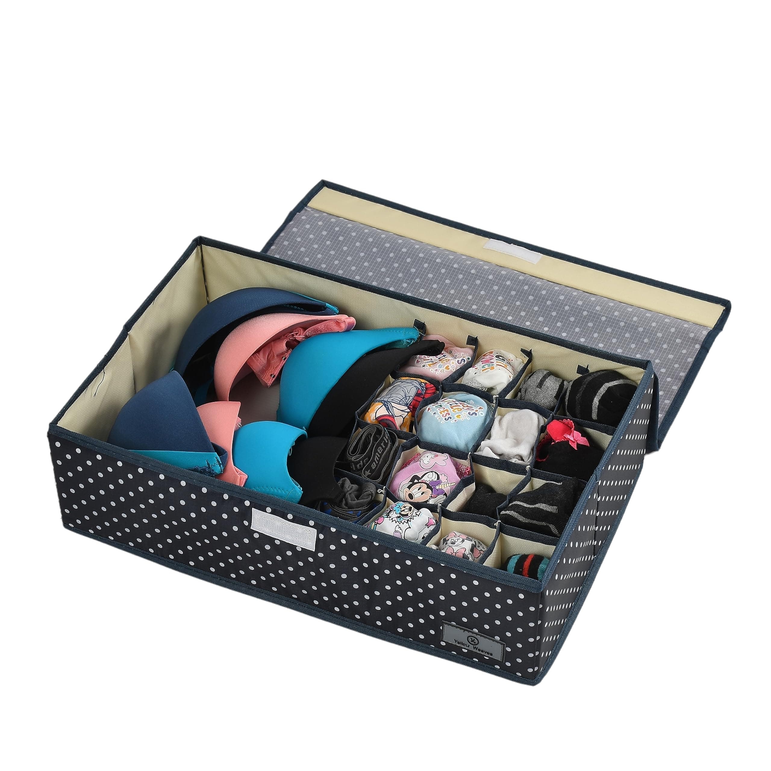 Yellow Weaves Undergarments Organizer For Women|Clothes Organizer For Clothing Wardrobe|Drawer Organizer|Storage Box For Clothes Innerwear Bra Panty Socks Ties-Black Polka-Polyester