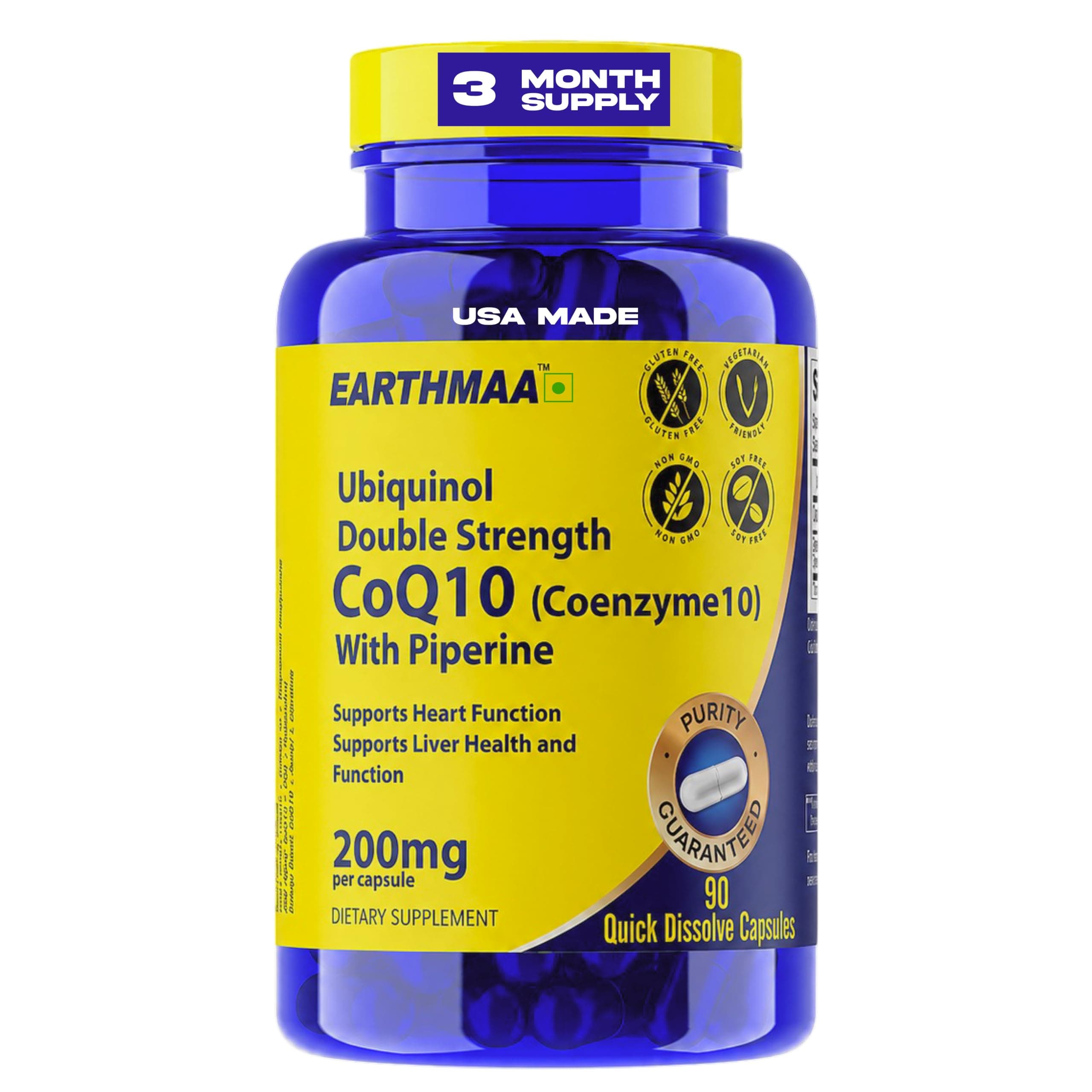 Earthmaa (USA Made) Ubiquinol Double Strenght CoQ10 200mg (High Absorption Coenzyme 10) with Piperine Supports Heart Function, Supports Liver Health and Function | 100% Vegetarian 90 Capsules | Manufactured in cGMP Facility | 3 Month Supply