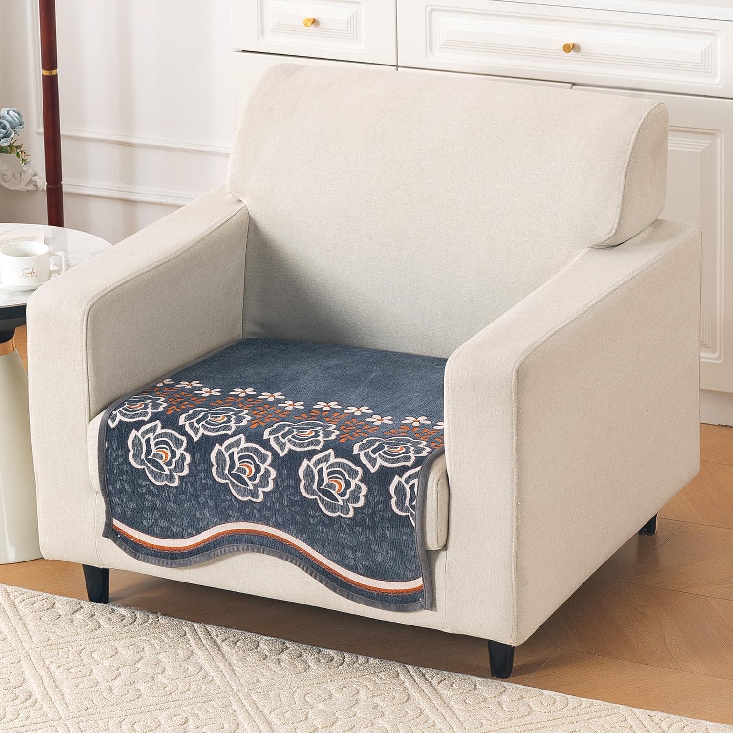 HOKIPO Serene Curves Sofa Cover Mat 1 Seater 60 cm, Blossom Flower | Chenille, curved edge, machine washable. Buy 1 or more to cover any 1-5 seater or L-shape sofa.