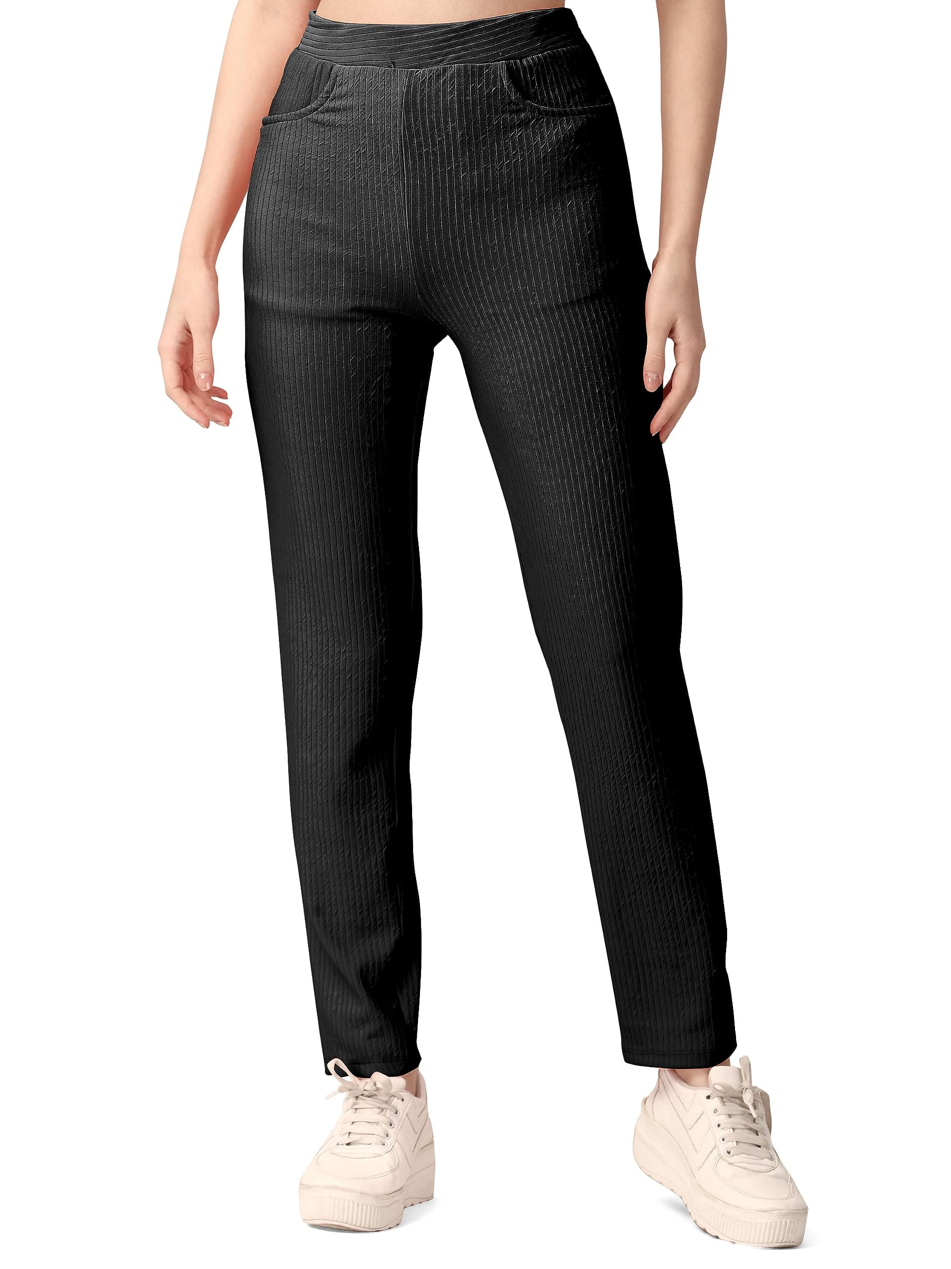 Mehrang Women Cotton Trouser Pant Regular Fit, Women Regular Fit Lycra Trousers Women's High-Waisted Pant, Elastic Lycra Waistband with 2 Pockets