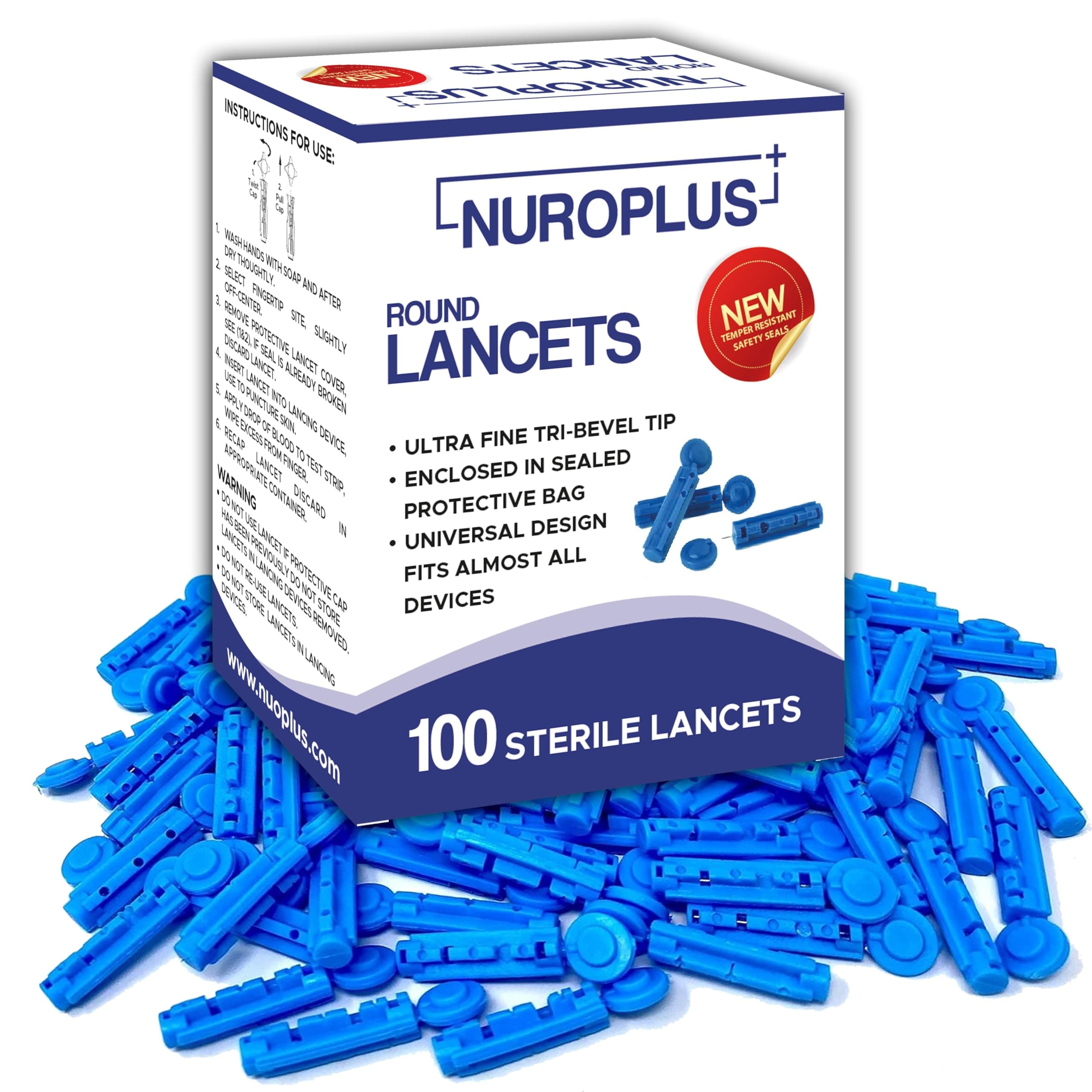 Nuroplus 30G Ultra-Thin Round Lancets, 100 Pack – Sterile Disposable Painless Blood Lancet Needles for Home Glucose Testing (Diabetic) – Compatible with Dr. Morepen BG03