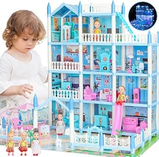 4 Stories 29 Inch Big Doll House 7-8, Dream Dollhouse with Furniture Accessories, 3 Dolls, Lights, Toddler Doll Houses for 4-5 Years Old Girls Boys Pretend Cottage Toy House Gift for Kids 3+