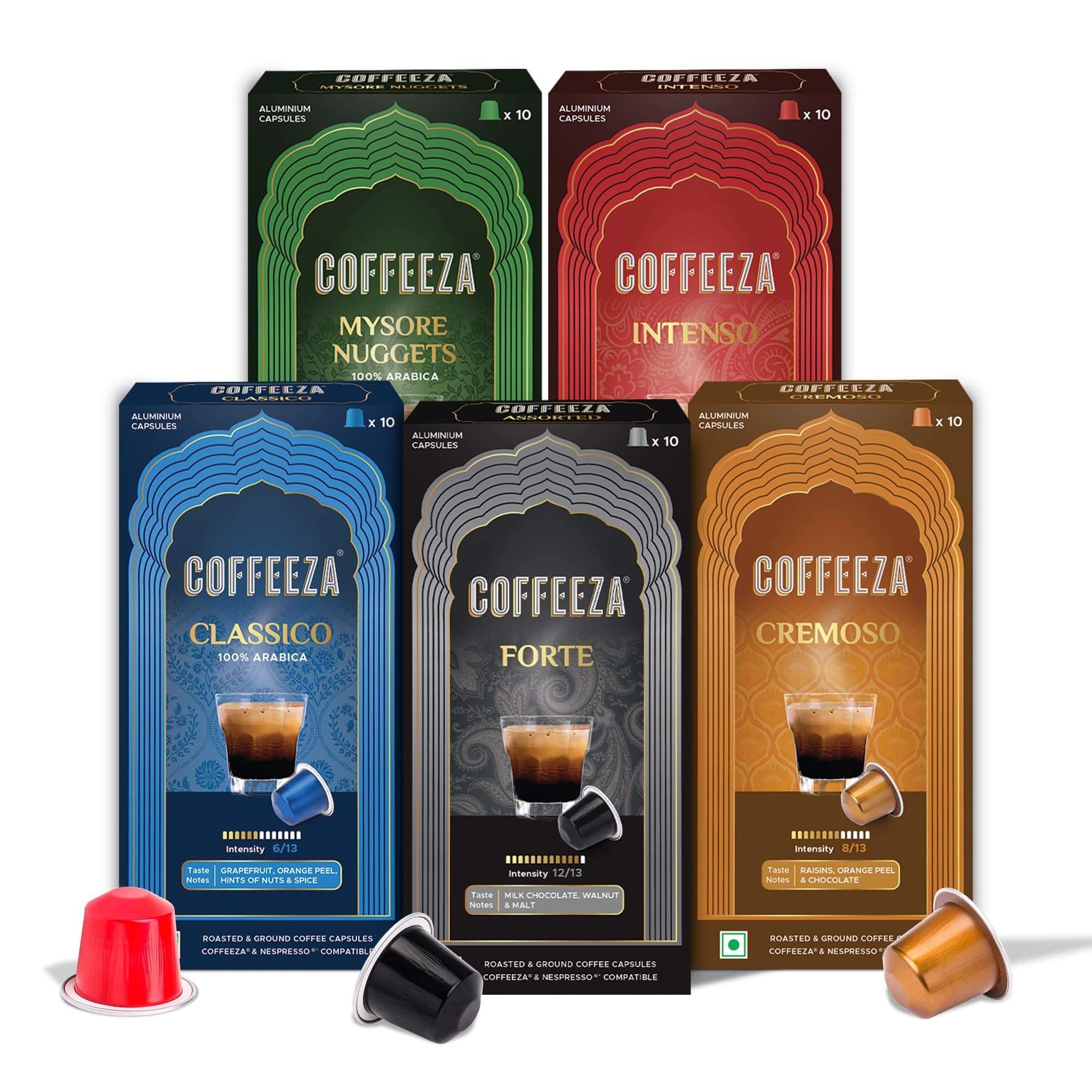 COFFEEZA Favorites Variety Pack Coffee Pods - 50 Aluminium Coffee Capsules - 275 Gm
