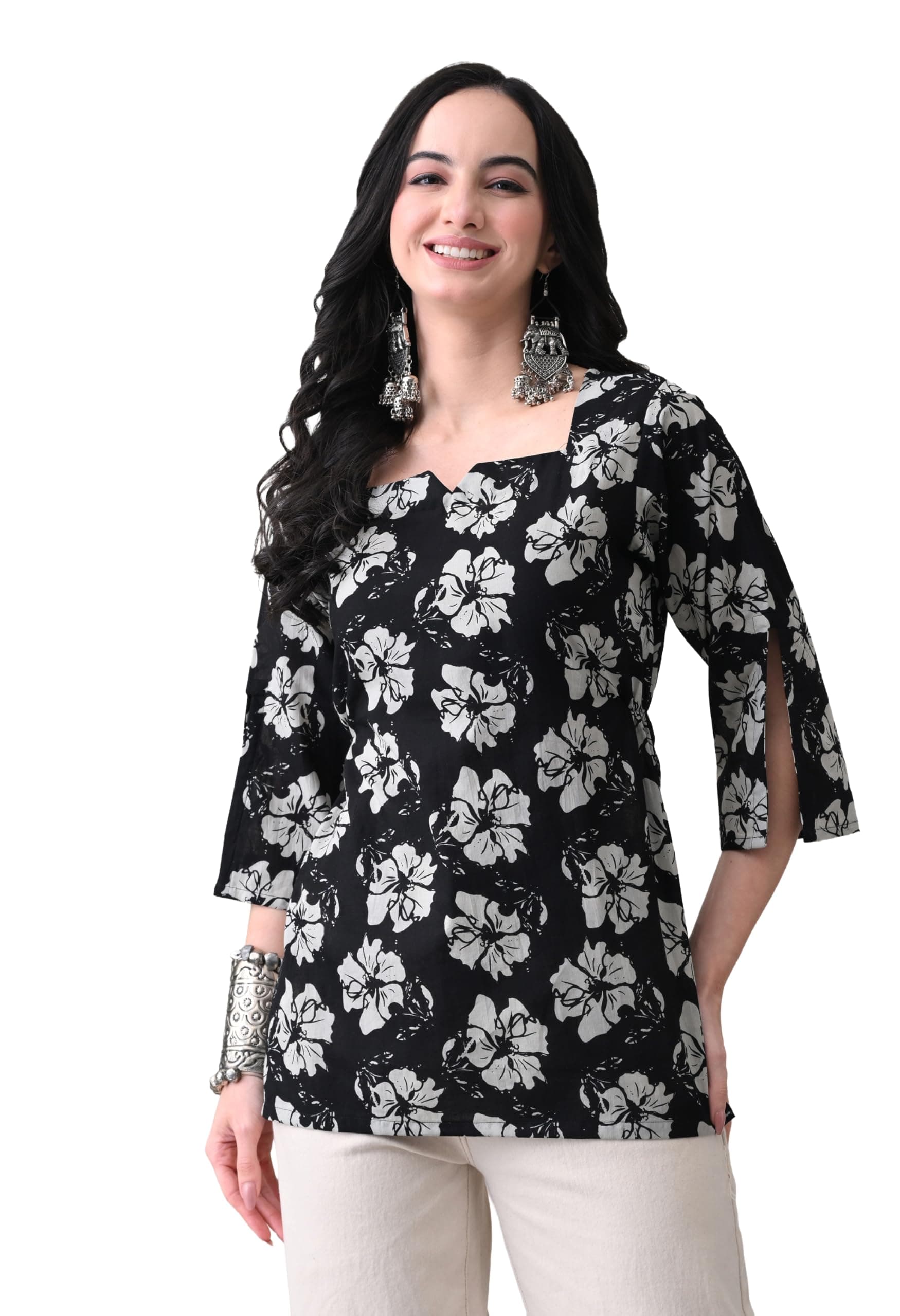 MEERA FAB Women Black & White Floral Printed Top | Notch Neck | 3/4 Bell Slit Sleeves | Casual Stylish Tunic Kurti for Women & Girls