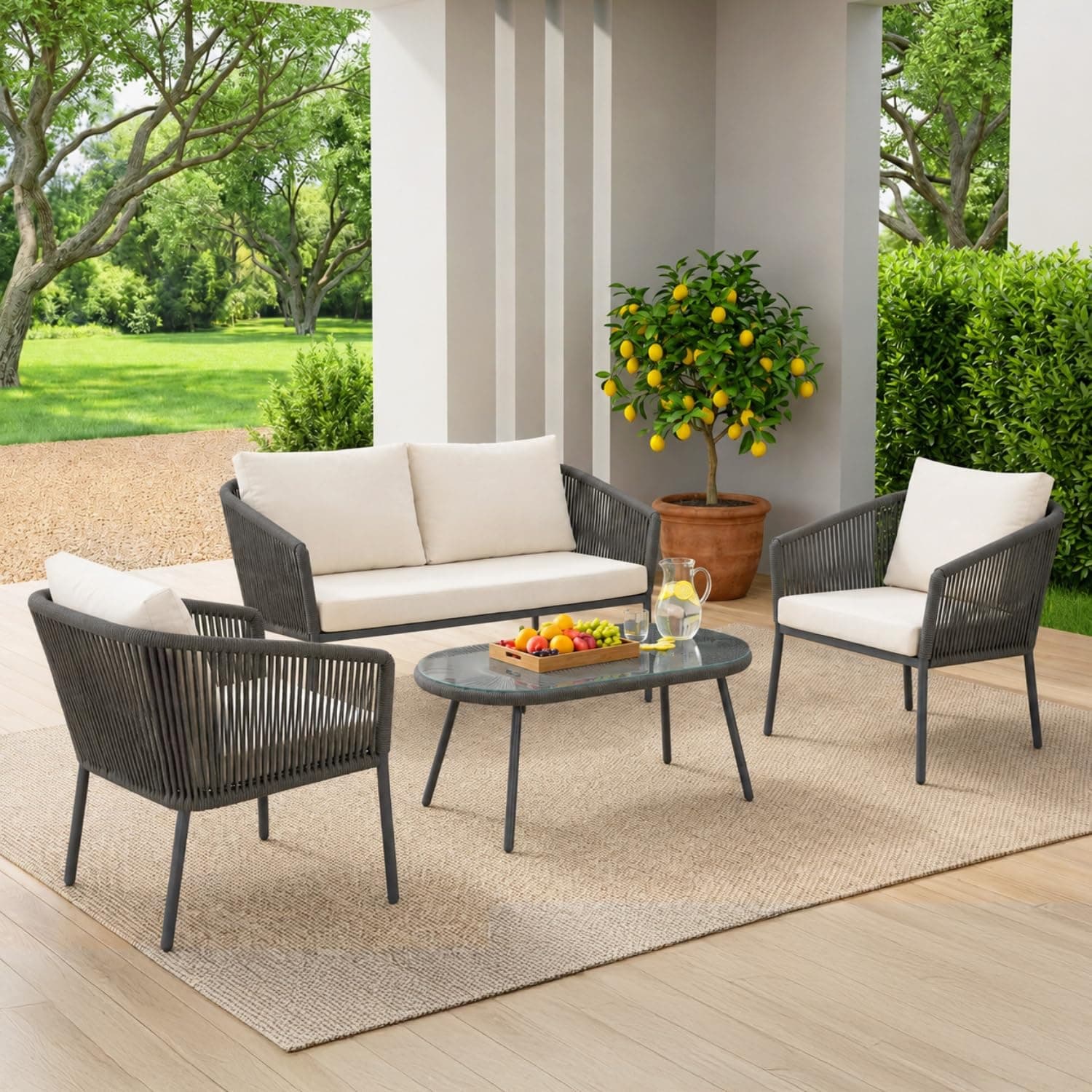 DEVOKO Outdoor 4-Seater Handwoven Rope Sofa Set with Oval Shape Glass Top Table Water-Resistant Cushion & Strong Metal Frame for Garden, Patio, Balcony(Grey & Off-White)