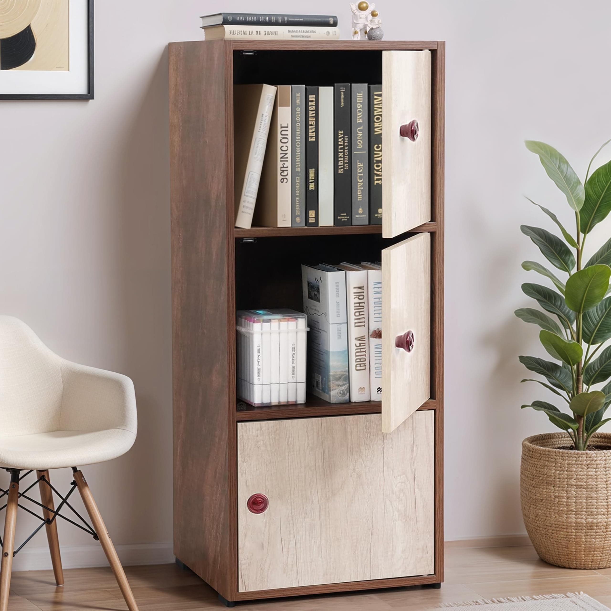 ABOUT SPACE Wooden Book Rack - 3 Tier Storage Cabinet for Living Room with Magnetic Door, Space Saving Book Self for Home, Engineered Wood Cabinet (Walnut - L 38 x B 38.5 x H 100.5 cm)