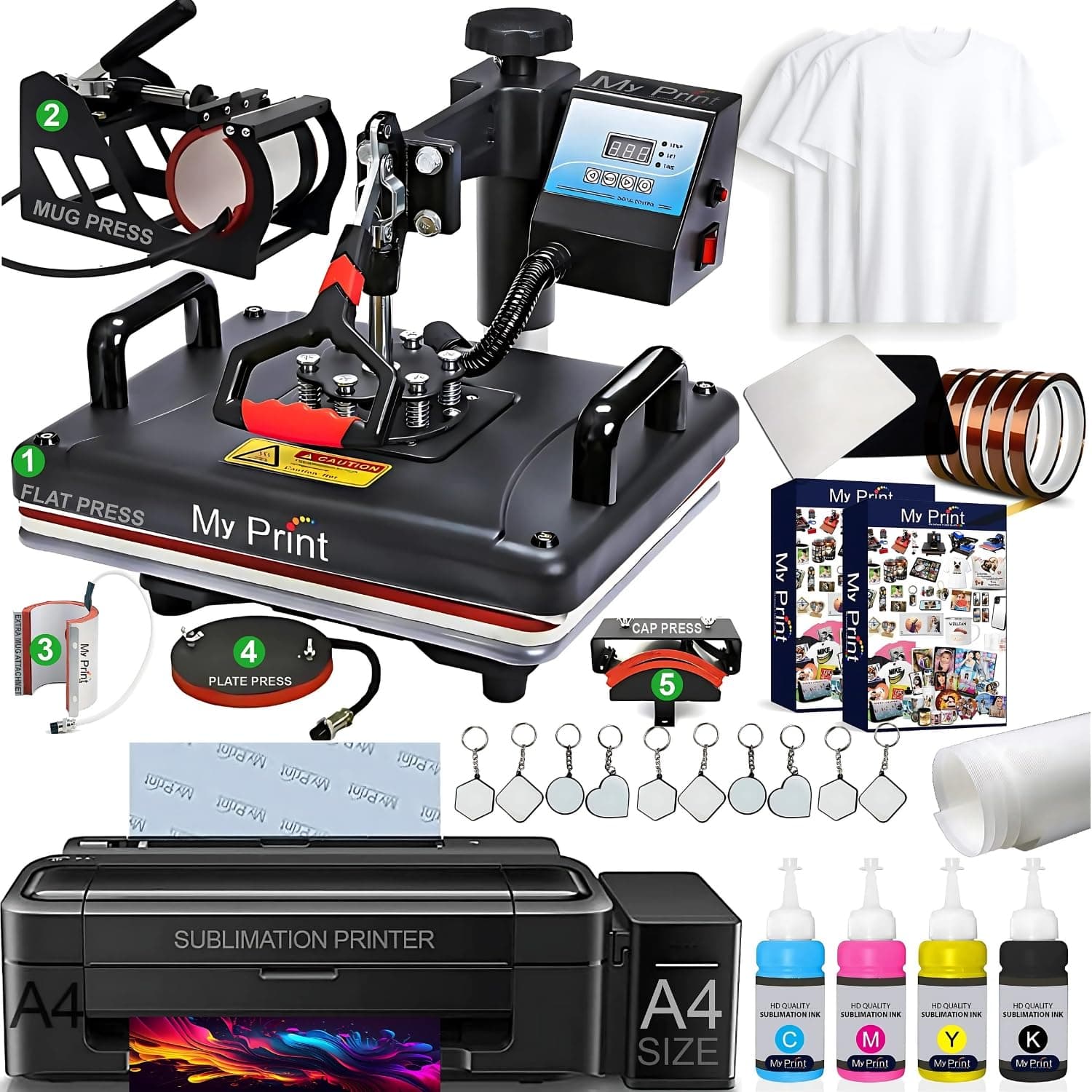 MY PRINT Complete Sublimation Printing Business Setup Kit for Startup Business | T-Shirt & Mug Printing Machine Combo with 5 in 1 Heat Press, Sublimation Printer, Ink, Paper & Sample Products
