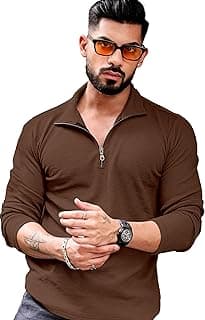 KAJARU Men's Polyester Blend T Shirt with Spread Collar Neck Line Zipper Closure Full Sleeves Solid Pattern Regular Fit and Standard Length