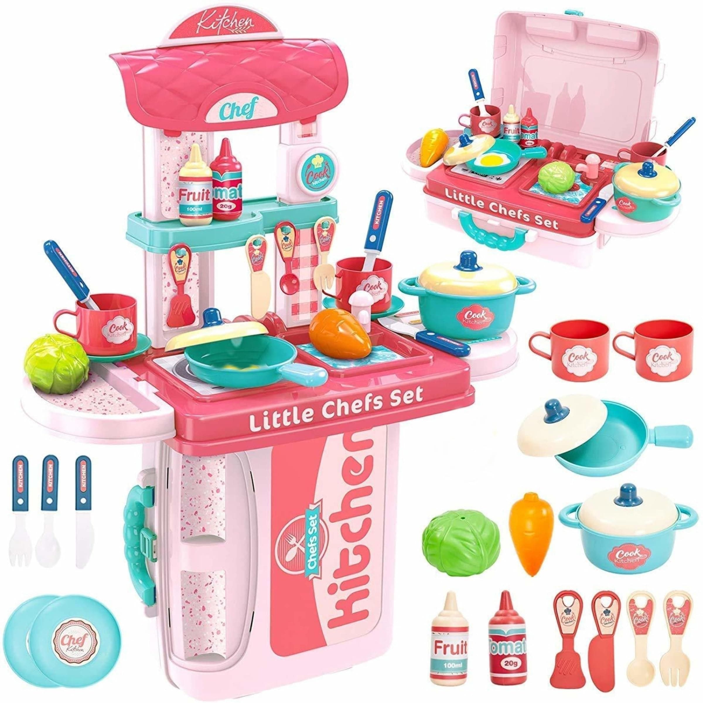 WISDOM LEO FUN 3-in-1 Kitchen Set Toy for Kids, Pretend Play Cooking Set, for Ages 3 Years and Above, 53 * 42 * 20.5 cm, Pink, Plastic