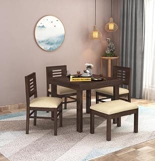 MAMTA DECORATION Sheesham Wood 4 Seater Dining Table Set | Four Seater Dinner Table with 3 Cushions Chairs & 1 Bench | Dinning Table Set 4 Seater for Living Room, Hotels & Restaurant | Walnut Finish