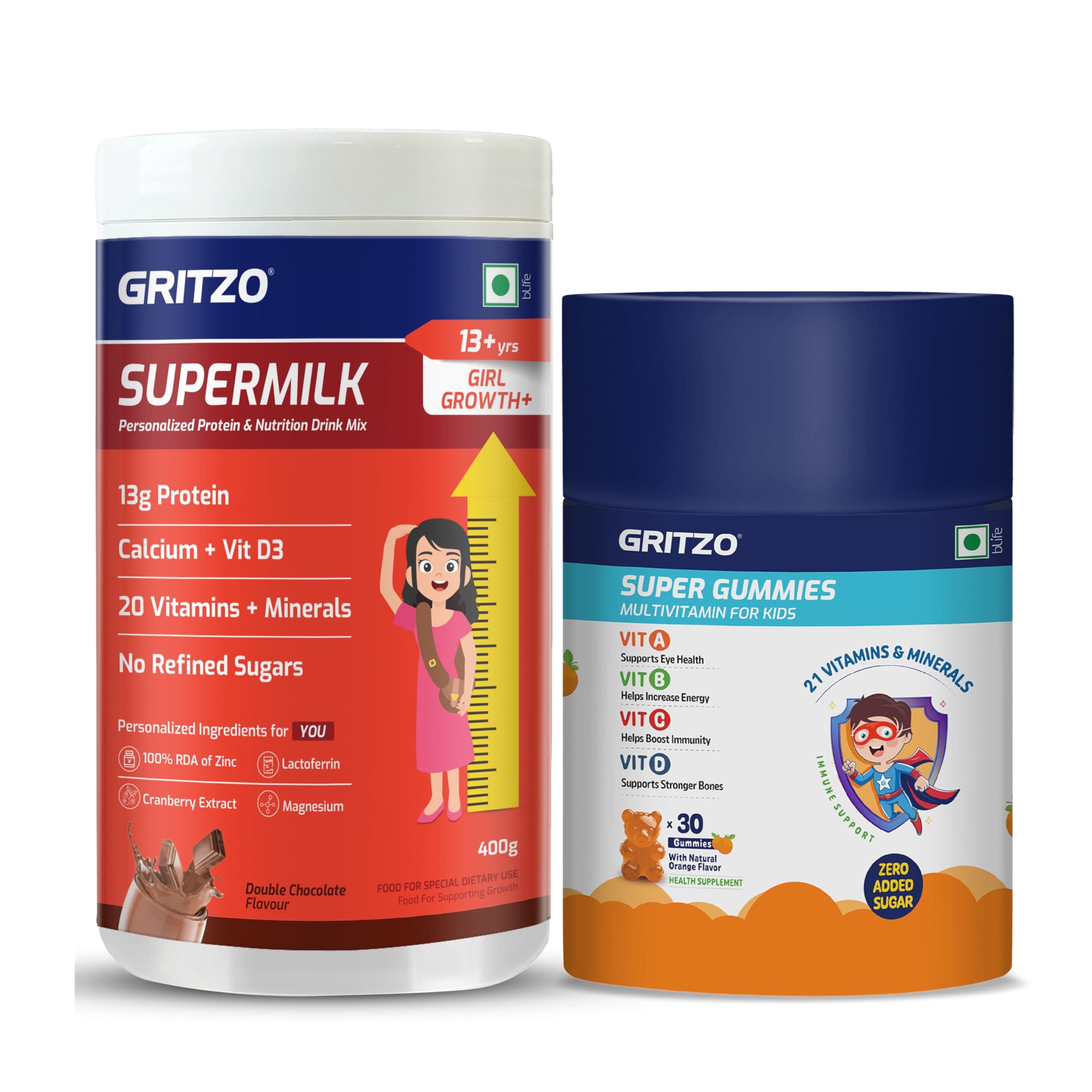 Gritzo SuperMilk Growth+ (Formerly Height+) (13+y Girls) (Double Chocolate, 400g) with Super Gummies (Natural Orange Flavour, 30 Gummies) | Pack of 2