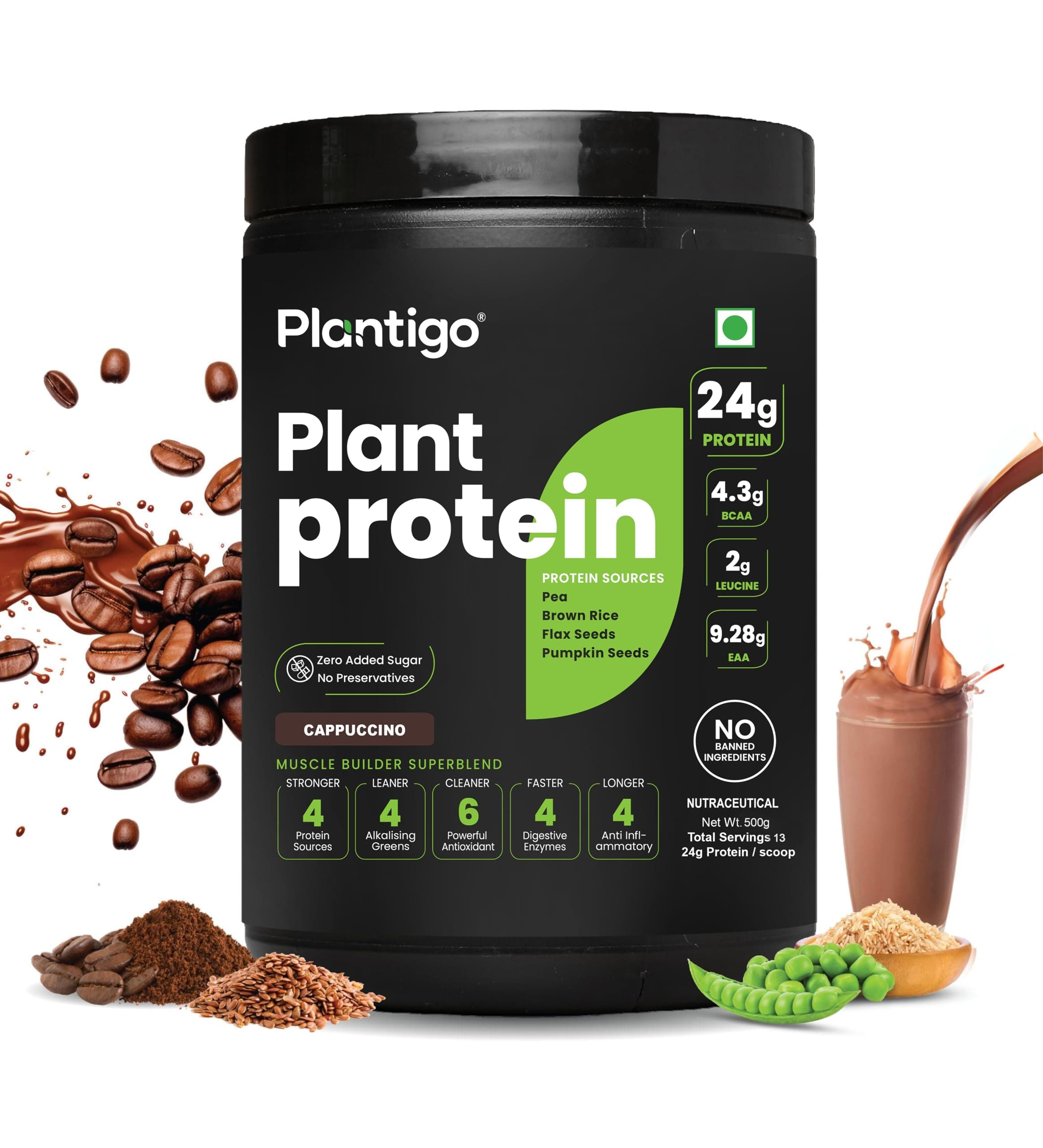 Plantigo Plant Protein Pea Powder 500g - Cappuccino Coffee Flavoured | Pea + Brown Rice, Flax Seed, Pumpkin - Clean & Green Based Protein Powder | 24g Protein, 5g Fiber, BCAA for Men & Women