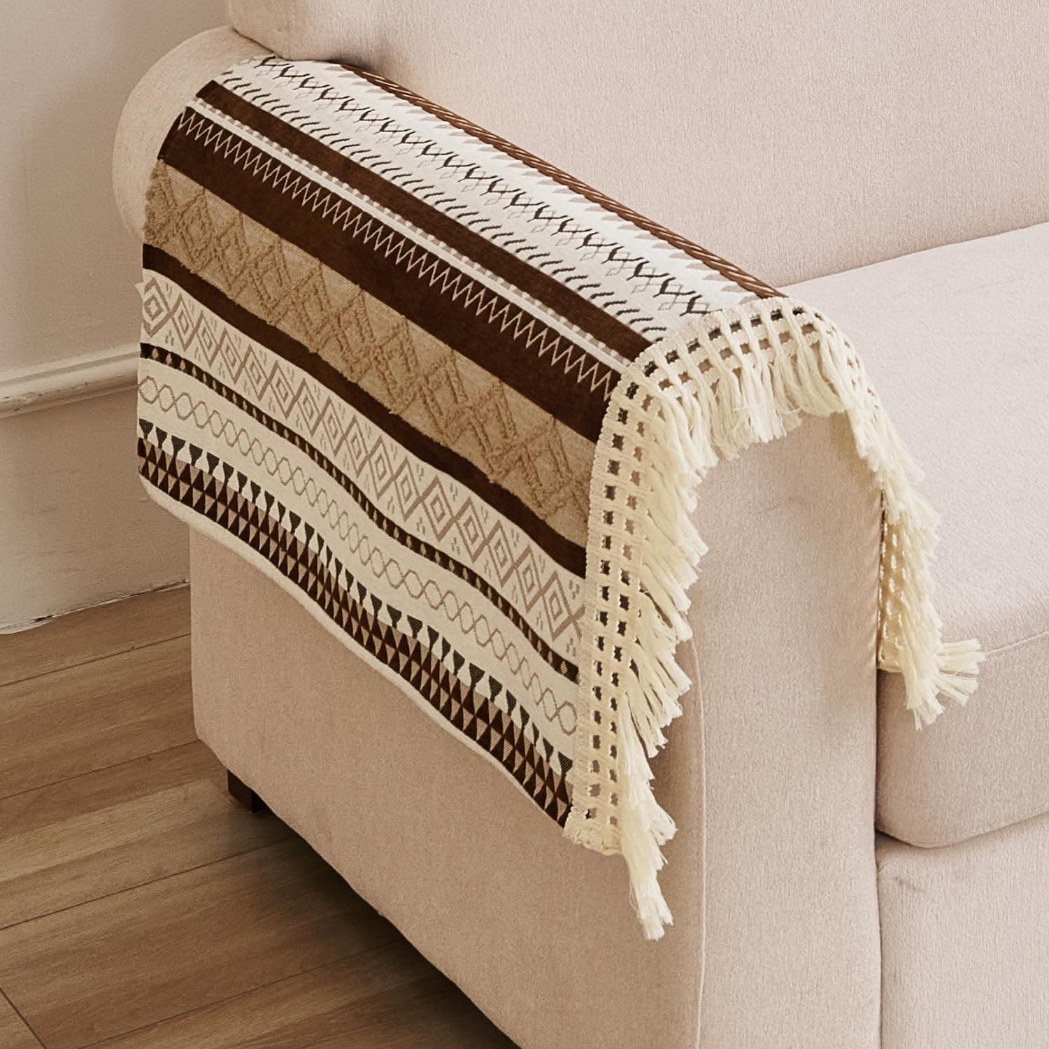 HOKIPO NordicTassel Sofa Armrest Cover, 2 Pc, Chocolate Brown | Pair of arm covers, fits most sofa types. Matching seat mats and back covers available to complete the set.