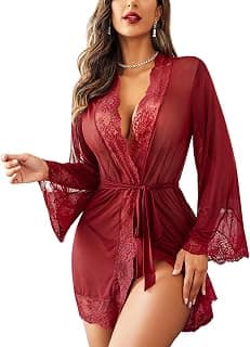 SSoShHub Women Lace Kimono Robe Babydoll Lingerie Mesh Chemise Nightgown Cover Up Robe with Panty