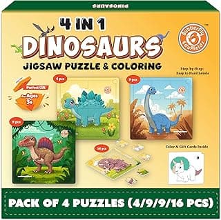 Butterfly EduFields 4-in-1 Dinosaur Jigsaw Puzzle Set for Kids | 38 Pcs Brain Boosting Puzzle Toy for Boys & Girls Age 3 4 5 6 7 | Preschool Learning with Coloring Sheets | Dino Gift for Kids