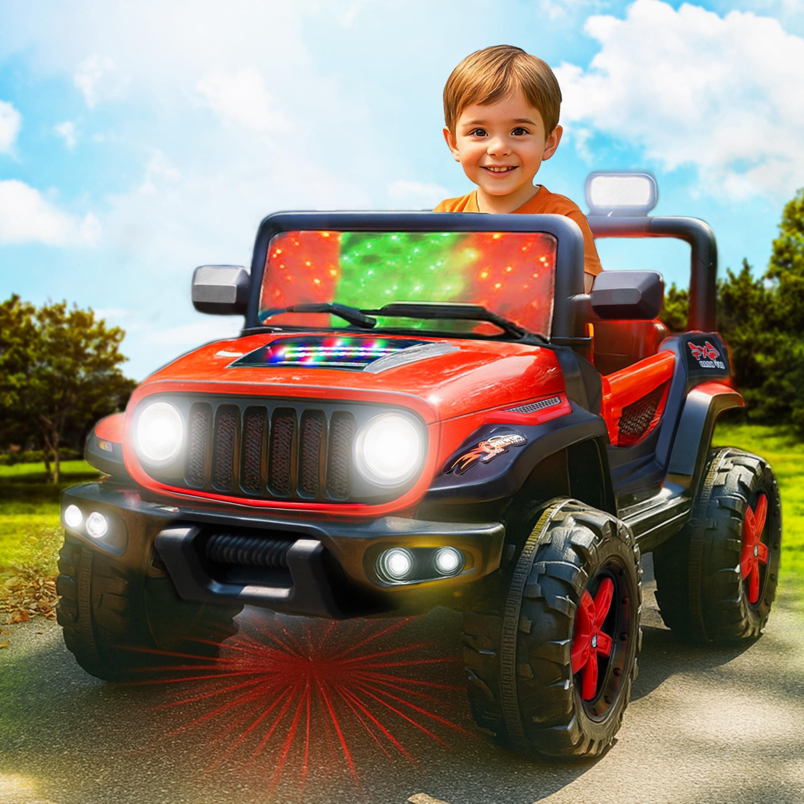 Kidsmate Power Ride Big Battery Operated Car for Kids with LED Lights,Ride On Jeep,4 Wheel Electric Car with Remote & 12V Rechargeable Battery, Perfect Riding Toy for Boys & Girls Ages 3-8 Yr (Red)