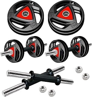 Amazon Brand - Symactive Professional Metal Integrated Rubber Adjustable 10 kg Dumbbells Fitness Kit for Full Body Workout | 14 Inch Dumbbell Rods Pair & Nuts | Home Gym Kit | Multicolor