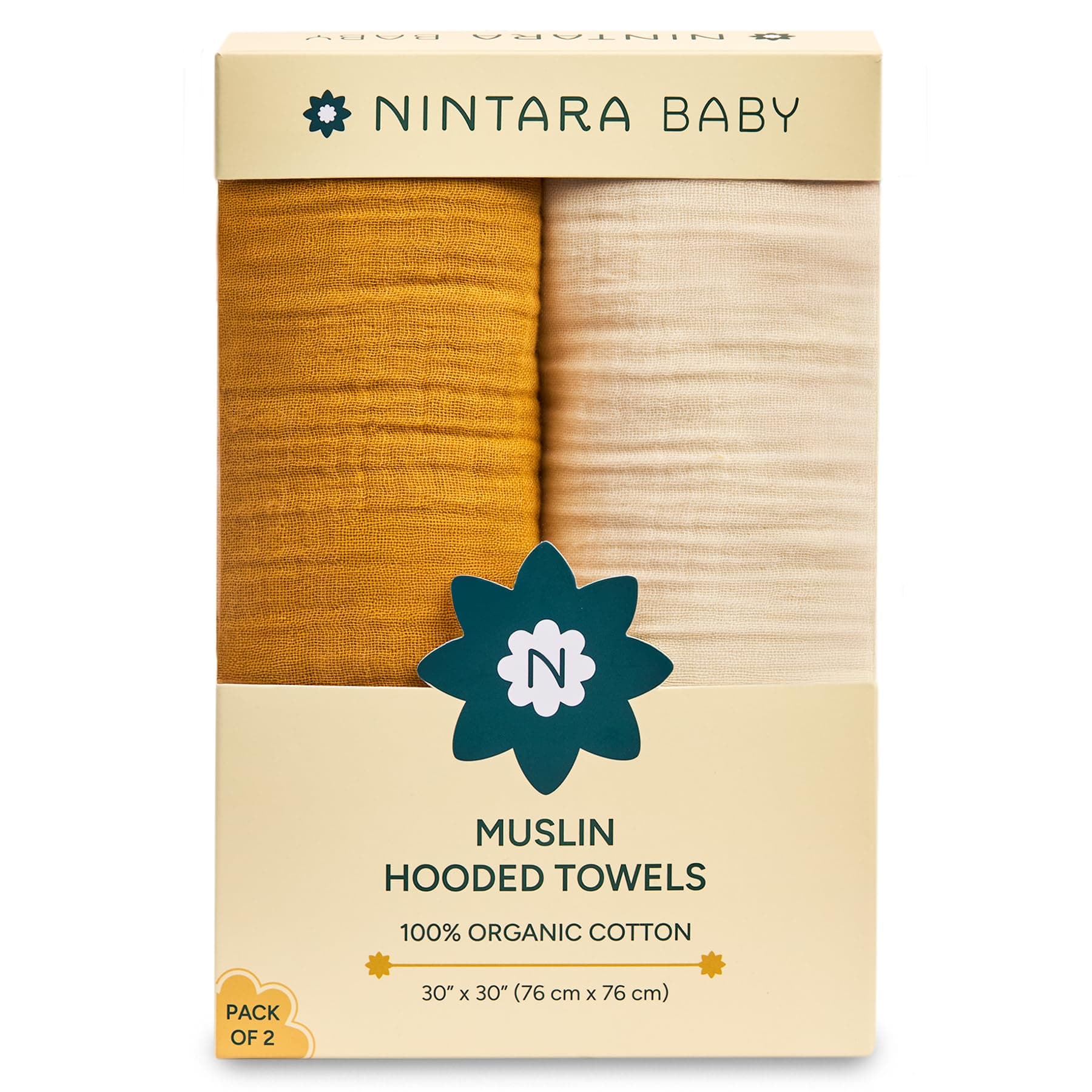 NINTARABABY Hooded Towel - 100% Organic Premium Muslin Cotton, 30" x 30" (76 cm x 76 cm), Ultra-Absorbent, Soft, Breathable, Hypoallergenic, Multipurpose, Gifts for Babies & Infants, Pack of 2