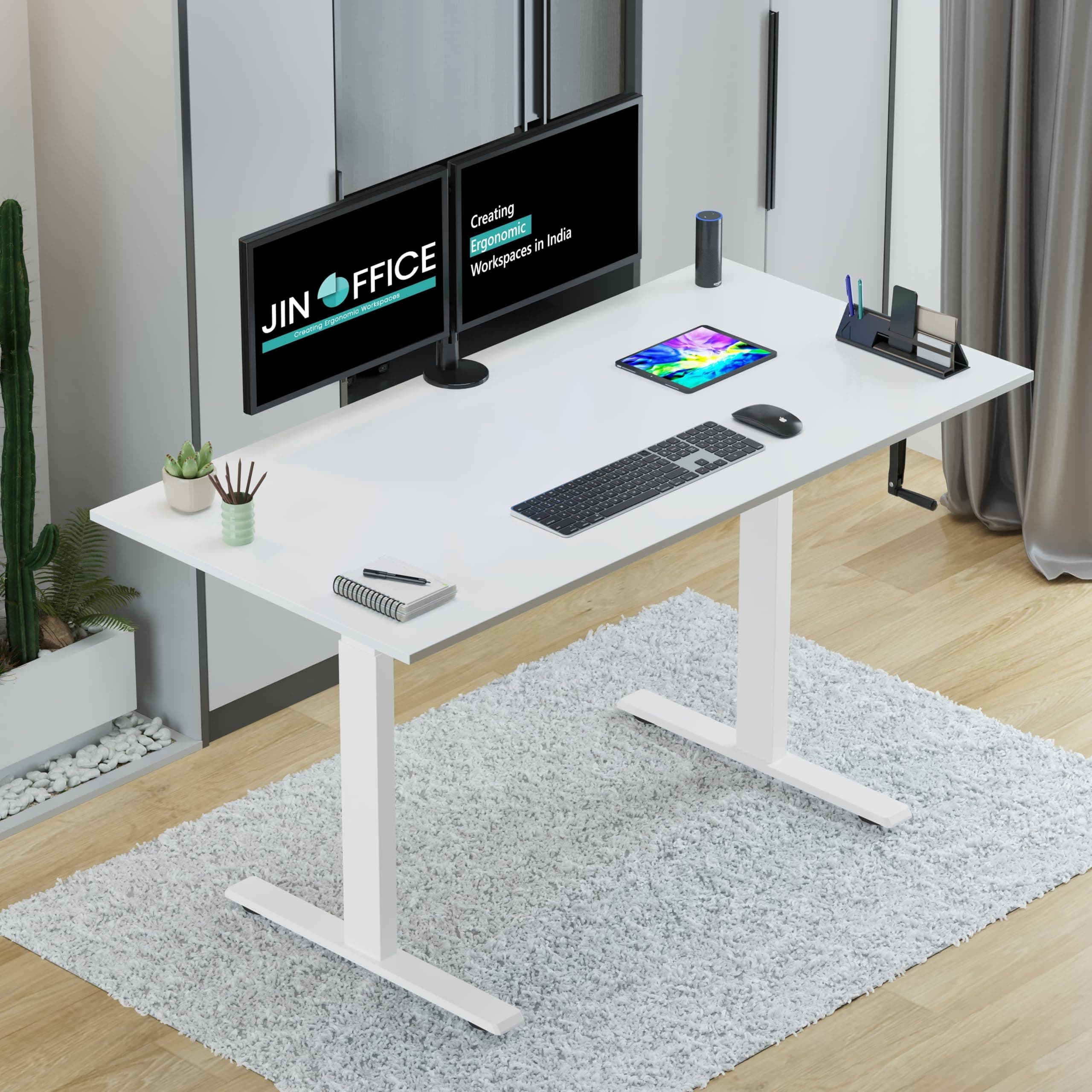 Jin Office Vertex Manual Height Adjustable Standing Desk| Hand Crank Height Adjustable Table| Sit Stand Desk| Ergonomic Table, 3 Year Warranty,80 Kg Wt. Cap| White & White| 1500*750mm/ 25MM Thick Top