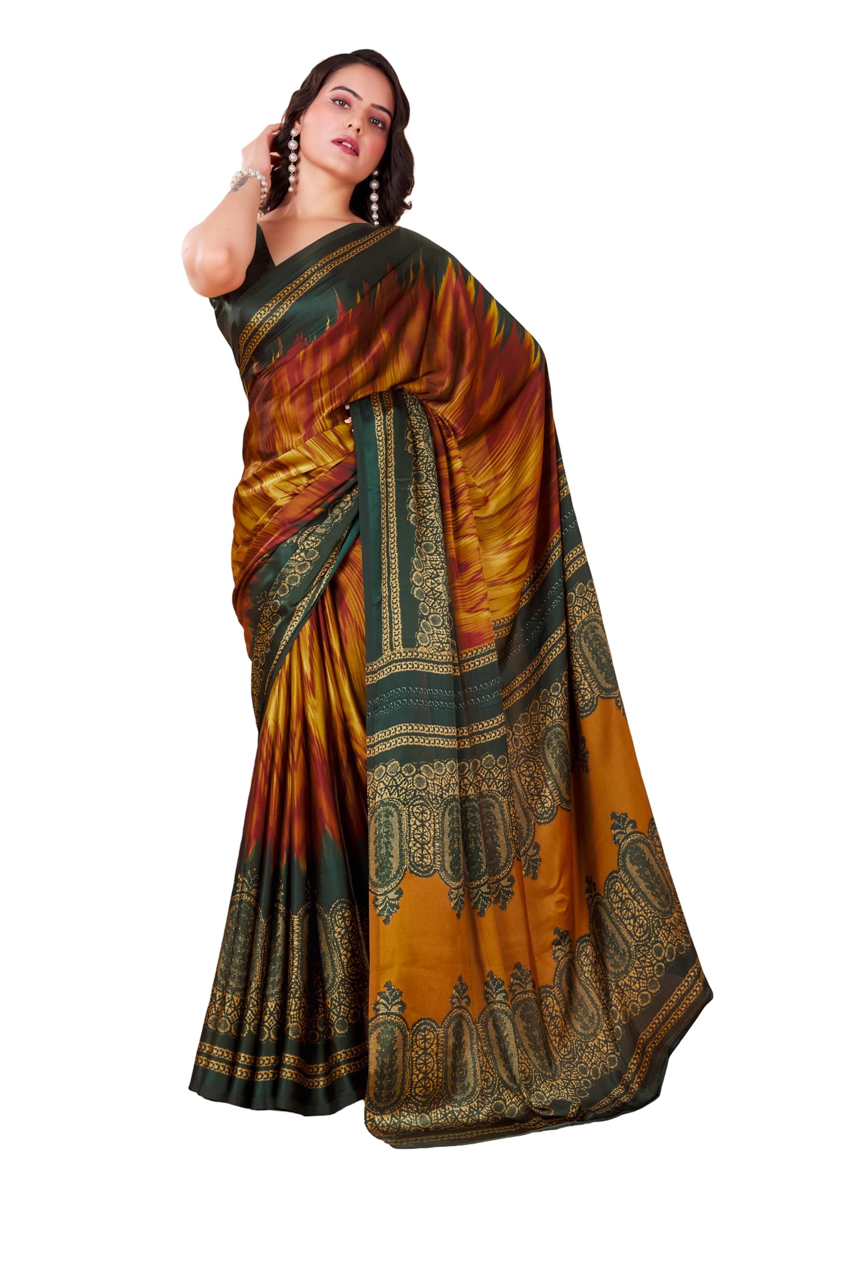 Garden Vareli Satin Crepe Saree With Unstitched Blouse Piece