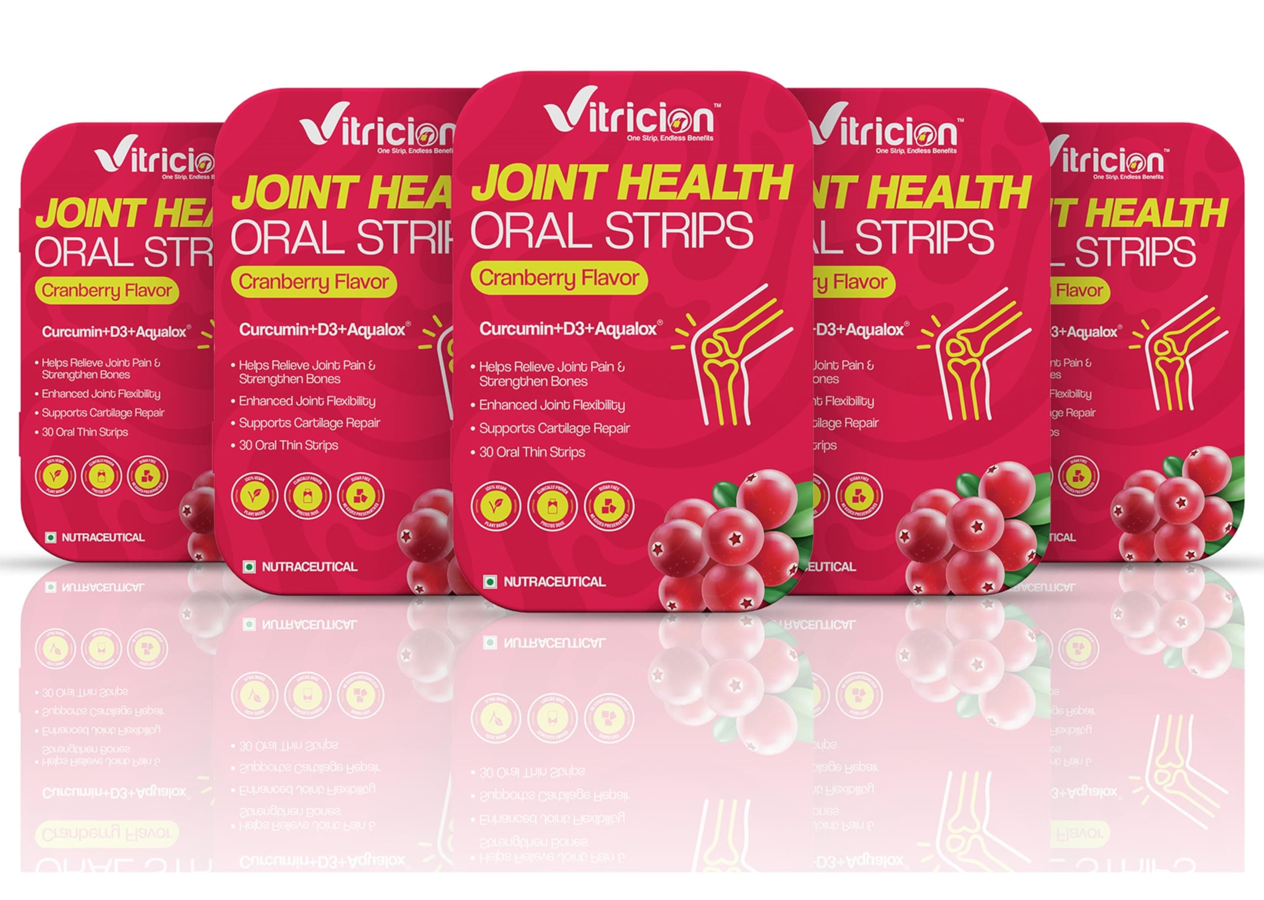 Vitricion Joint Support Oral Strips – 150 Fast-Dissolving Vegan, Non-GMO Strips with Curcumin, Vitamin D3 & Aqualox | Plant-Based Cranberry Flavour Supplement for Joint Health, Flexibility & Mobility