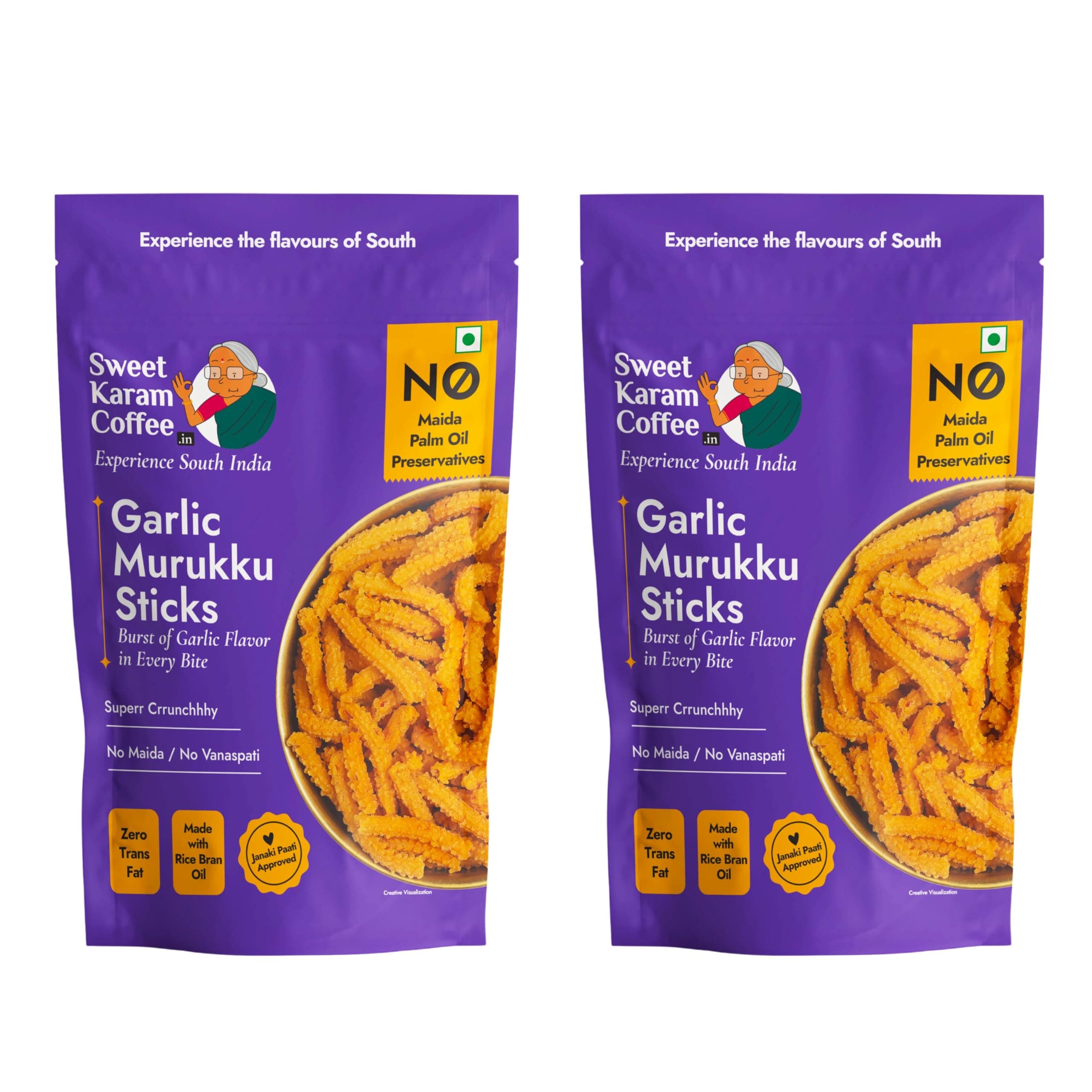 SWEET KARAM COFFEE Garlic Murukku - 95G (Pack of 2)|No Palm Oil & Preservatives|Authentic South Indian Chakli|Crispy & Fresh Tea-Time Namkeen|Festive Snack|Homemade Recipe|Crunchy & Spicy Treat