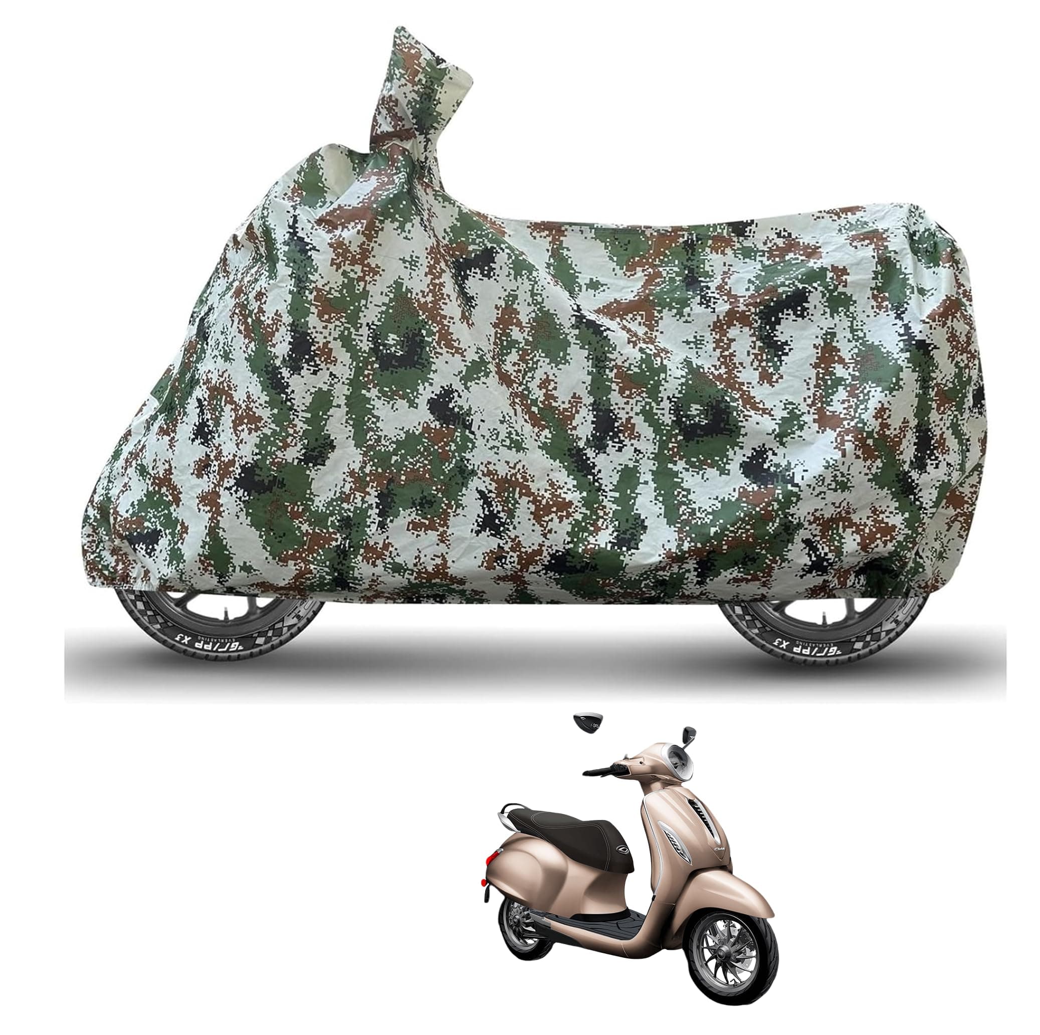Caronix Scooty Cover Compatible with Bajaj Chetak Ev, Soft Coated, Mirror Pocket, Belt Buckle, Chetak Ev Bike Cover Waterproof, Forest Print
